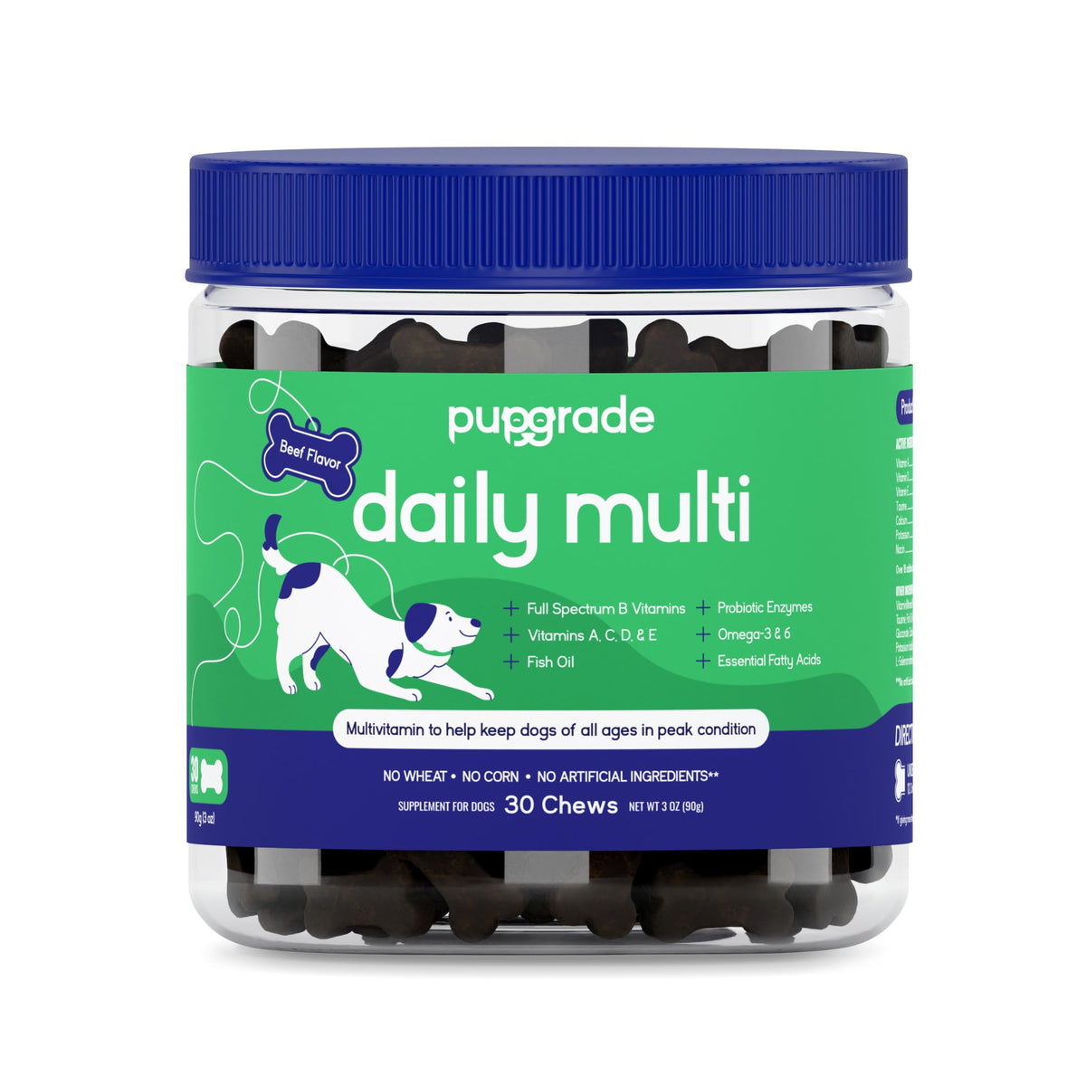 PupGrade Daily Multivitamin bottle and chews demonstrate tasty daily supplement