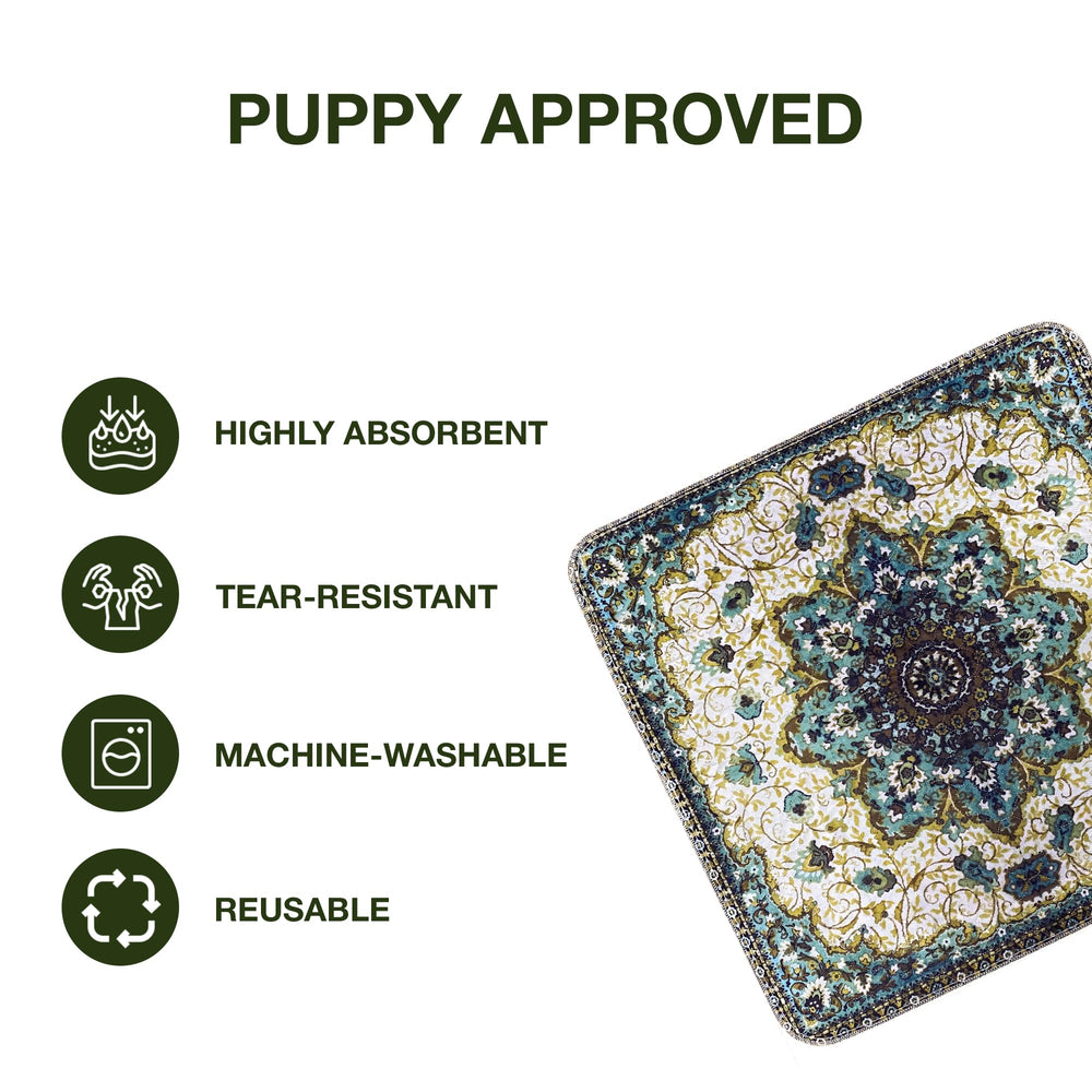 PUPIBOO pads in colorful patterns blend with decor while providing pet comfort.