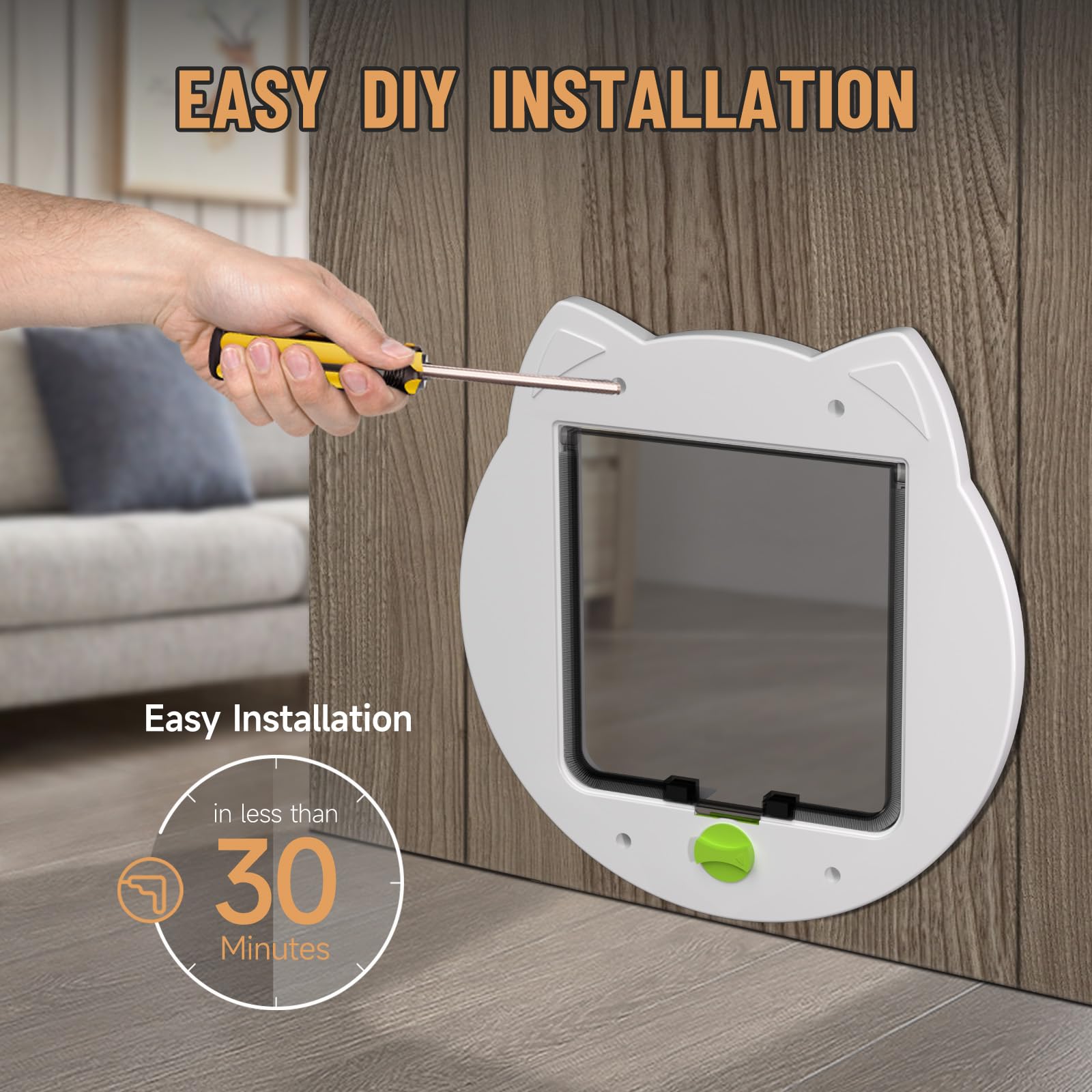 PUPIHOM cat door installation guide image demonstrates easy setup and secure fit for interior doors.