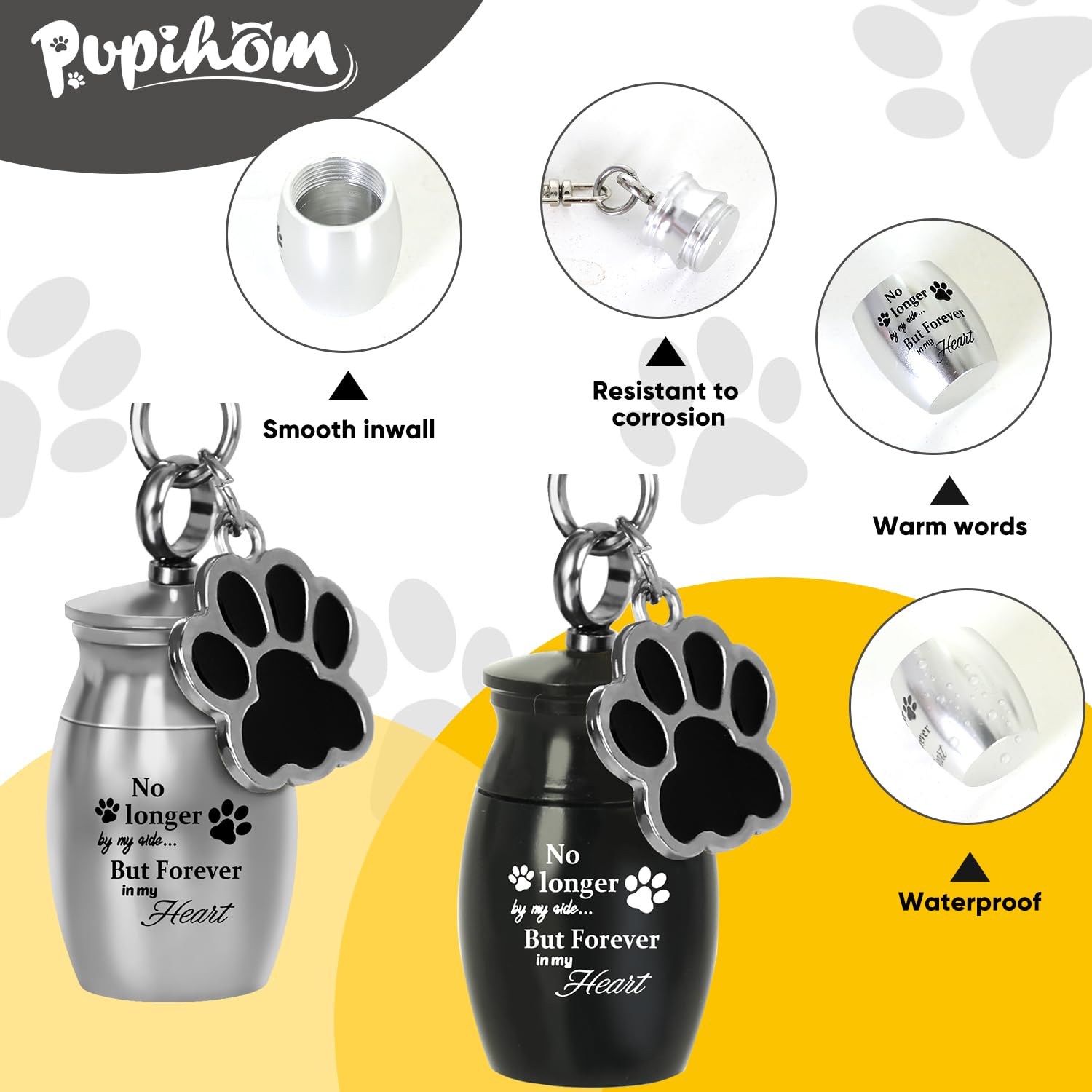 PUPIHOM urn keychain close-up highlighting waterproof and rustproof surface
