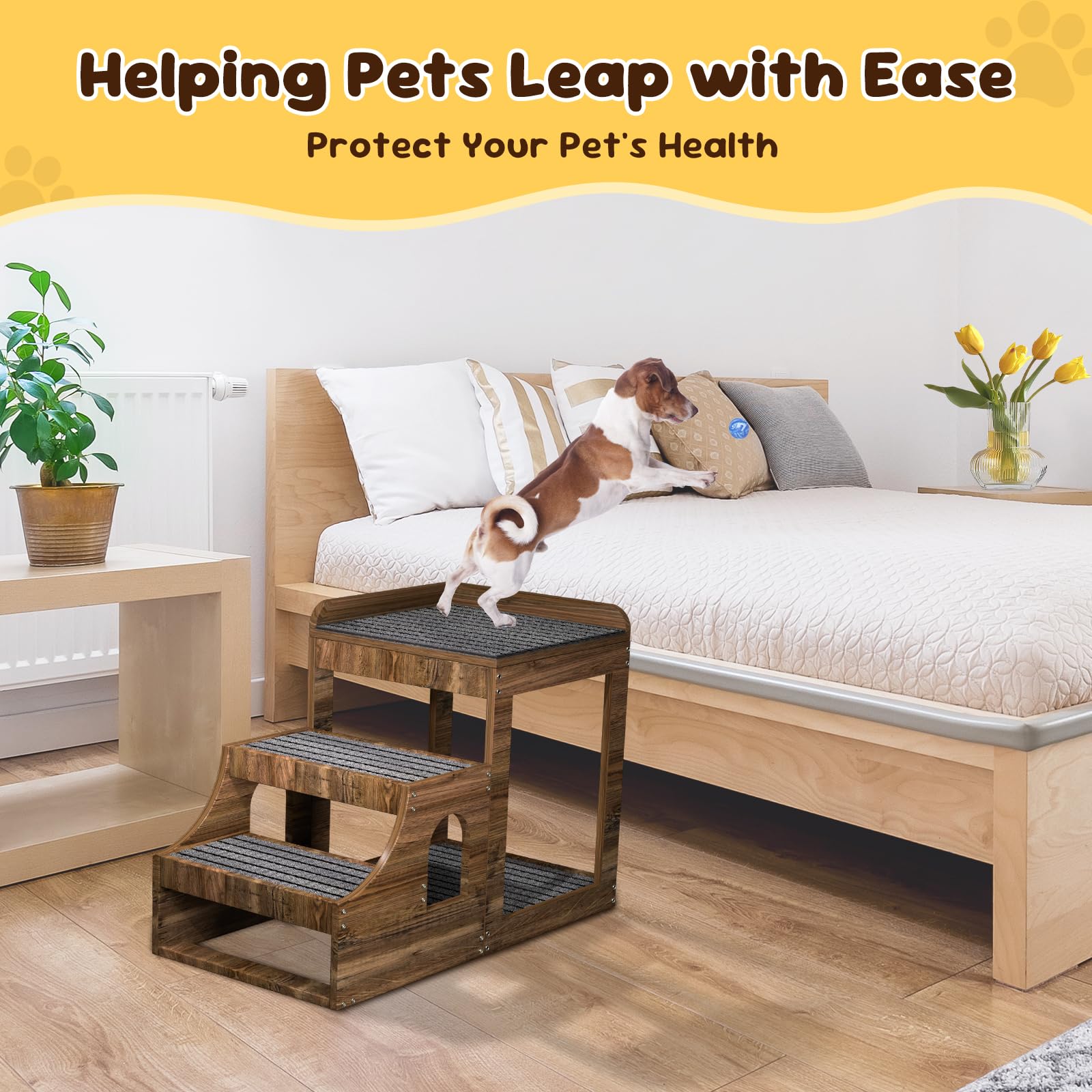 PUPIHOM wood dog stairs with non slip mats help pets climb safely