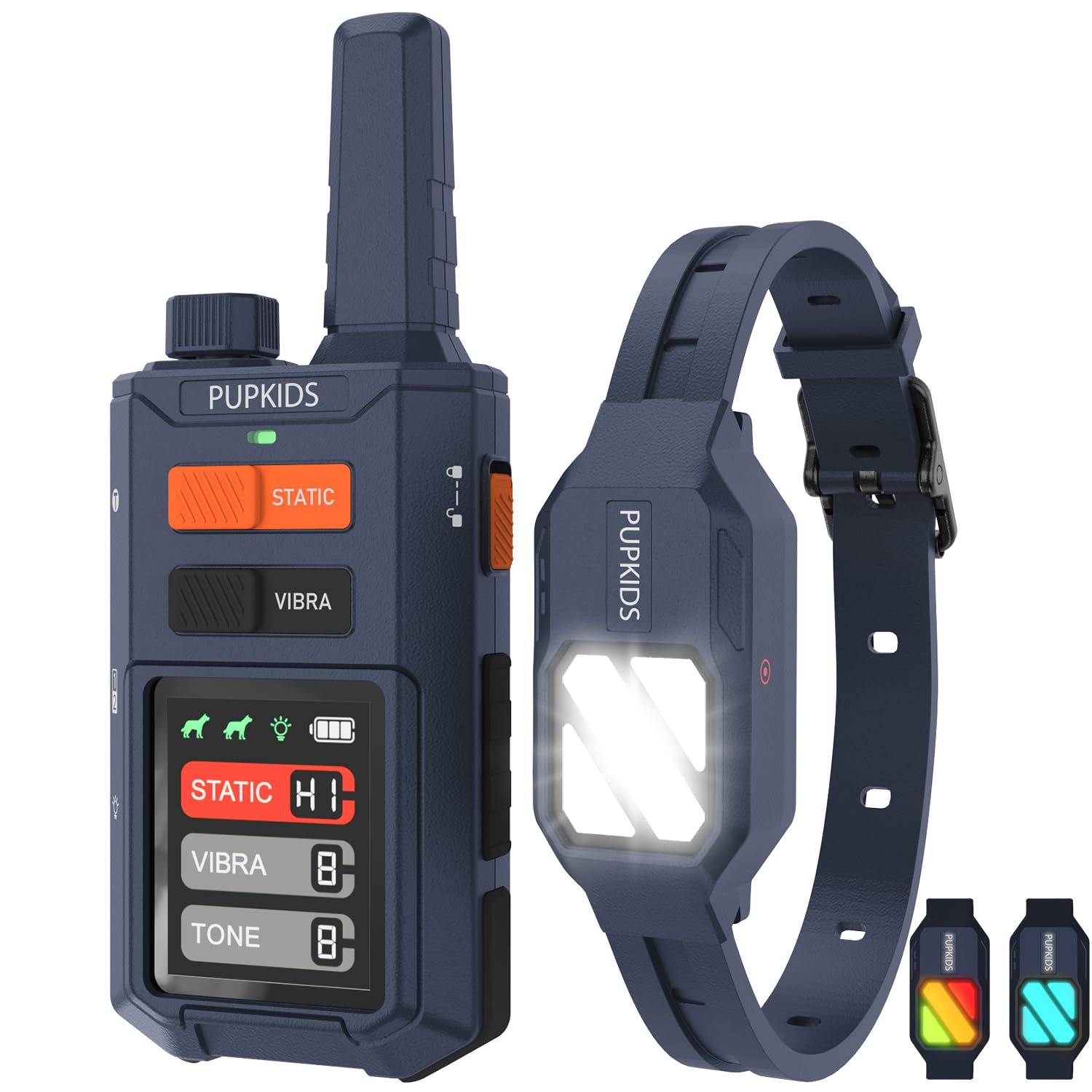 PUPKIDS dog shock collar closeup showing micro-pulse technology for humane training.