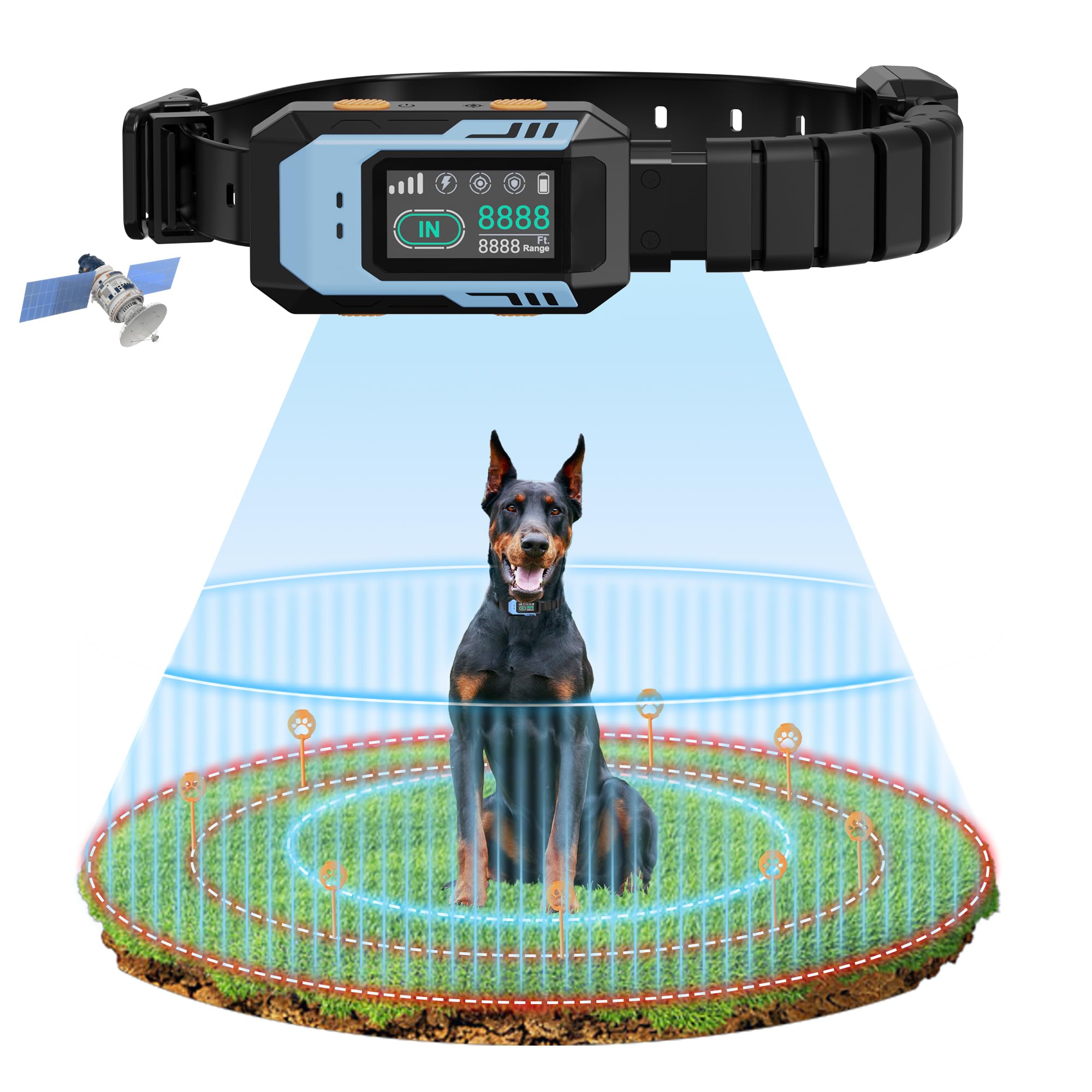 PUPKIDS GPS wireless fence front view shows easy setup for expansive yard control.