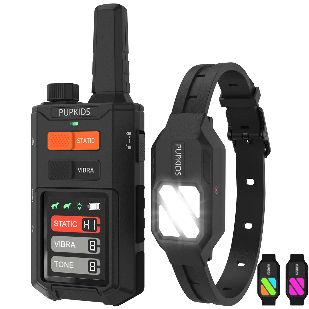 PUPKIDS training collar remote showing dual-dog channels for flexible training control