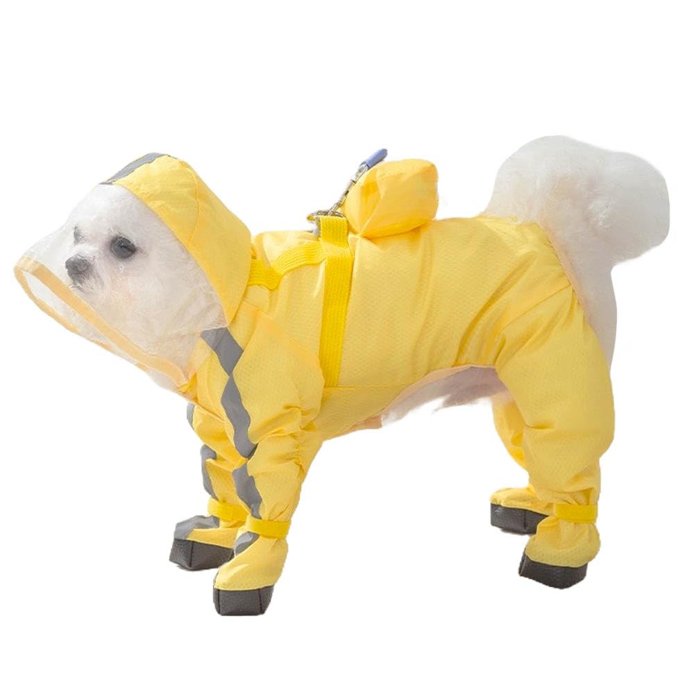 PupMist raincoat four-leg coverage in yellow keeps small dogs dry on wet walks