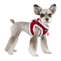 Puppia Blitzen Vest Harness red XL wearer seated demonstrates comfortable fit during chilly outings