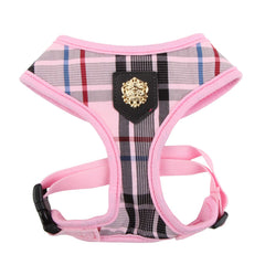 Puppia Junior over-the-head harness pink checkered front for easy daily walks