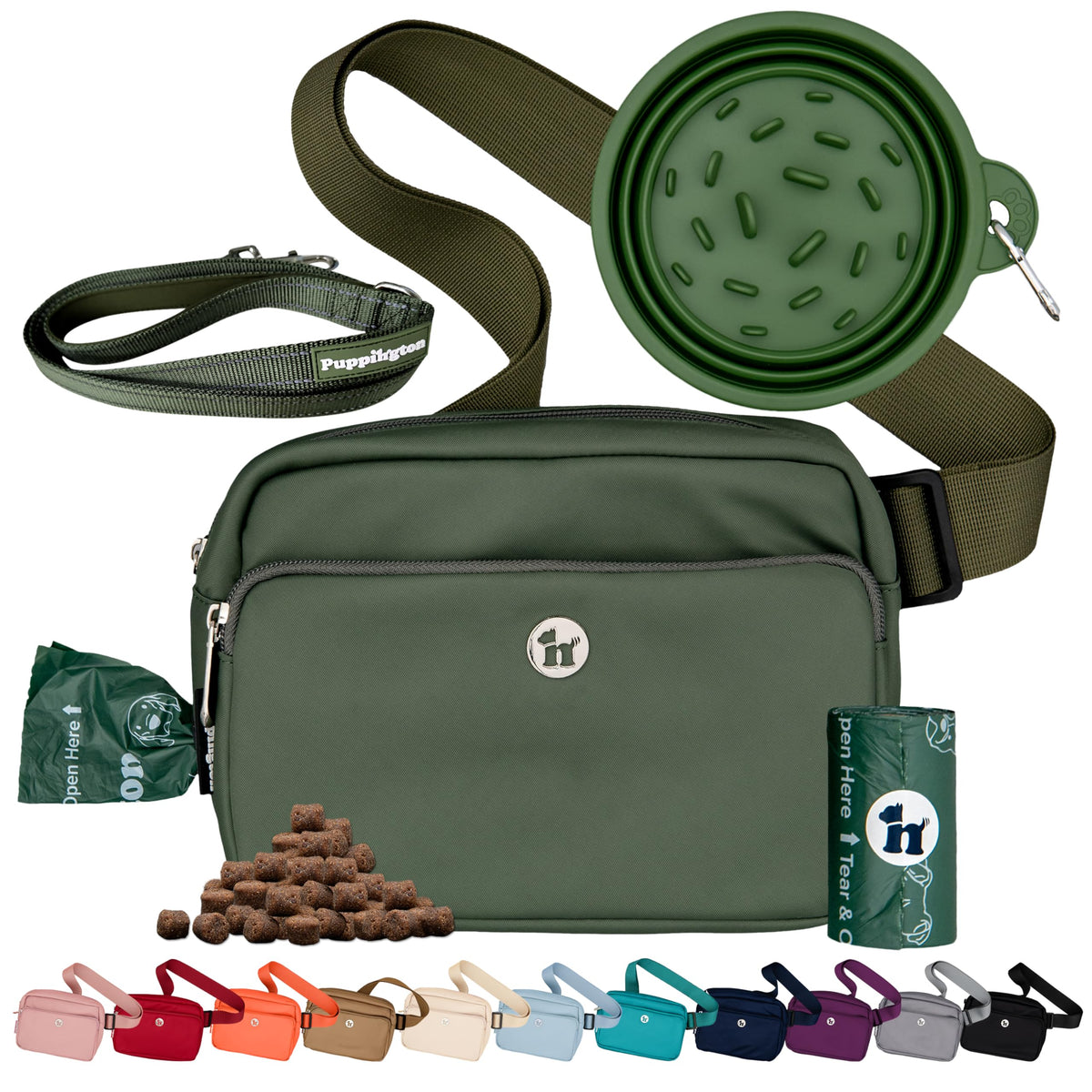 Puppington crossbody dog treat pouch Basil Green for training rewards