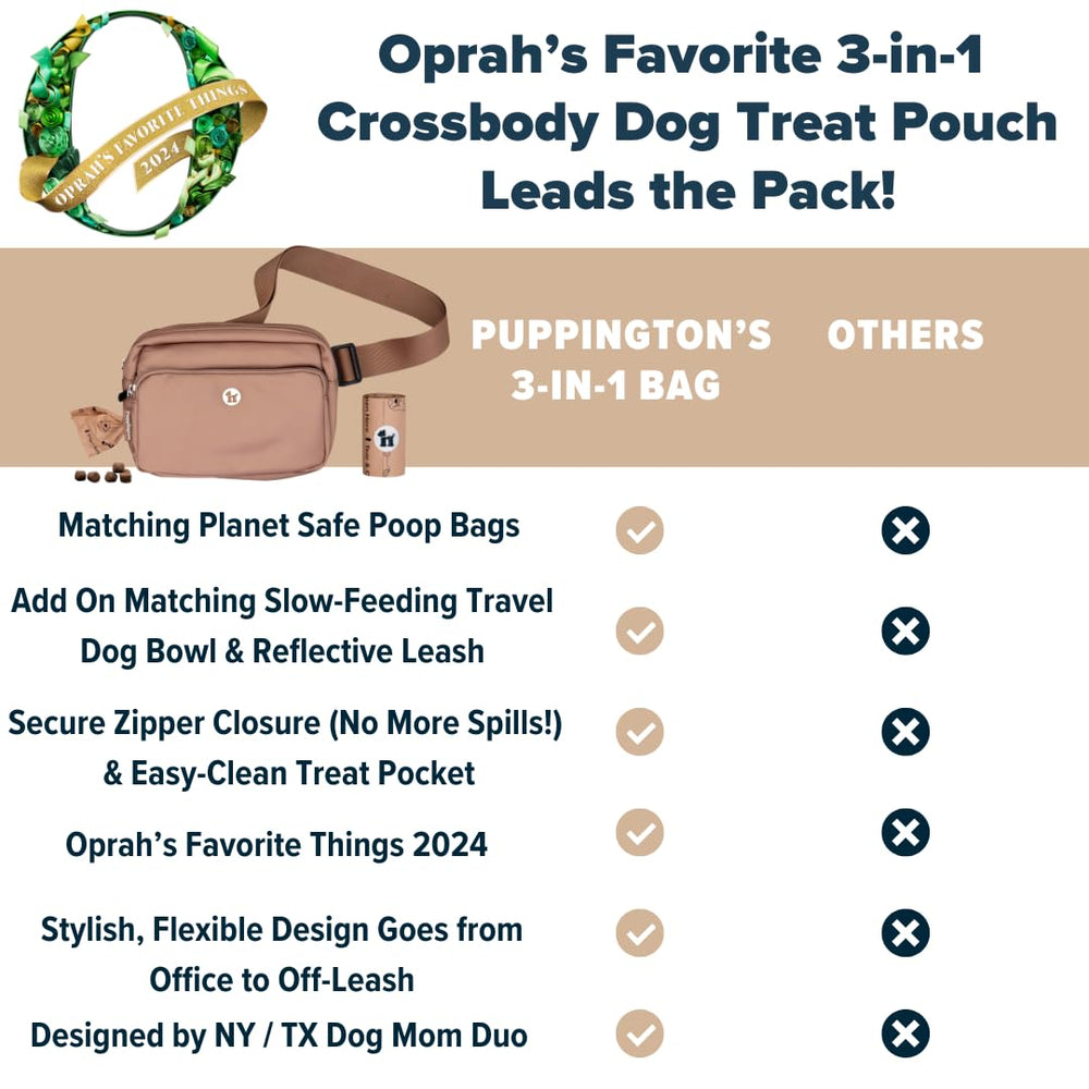 Puppington fits essentials like phone, water bottle, leash, and snacks.