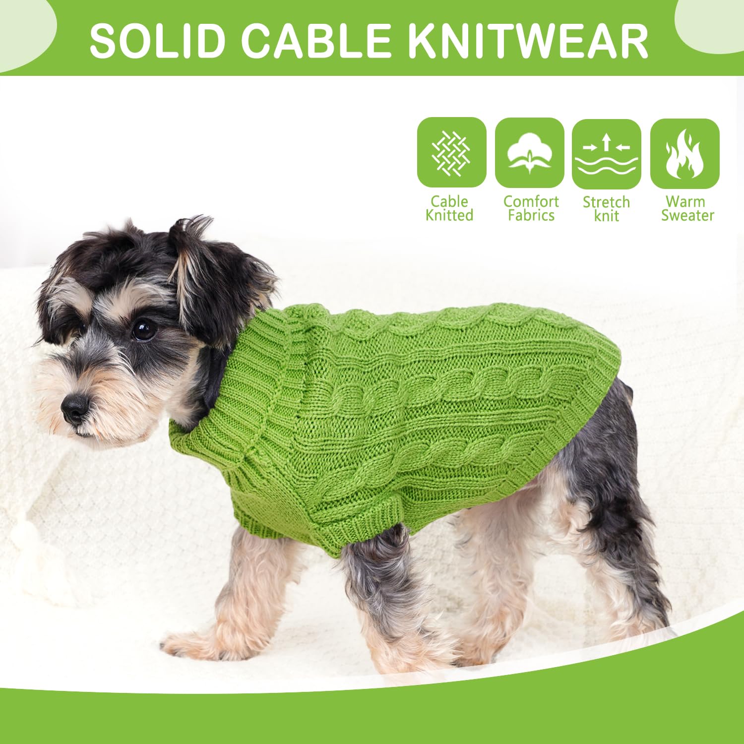 Puppishy dog sweater green small knit texture close-up emphasizes thick warmth