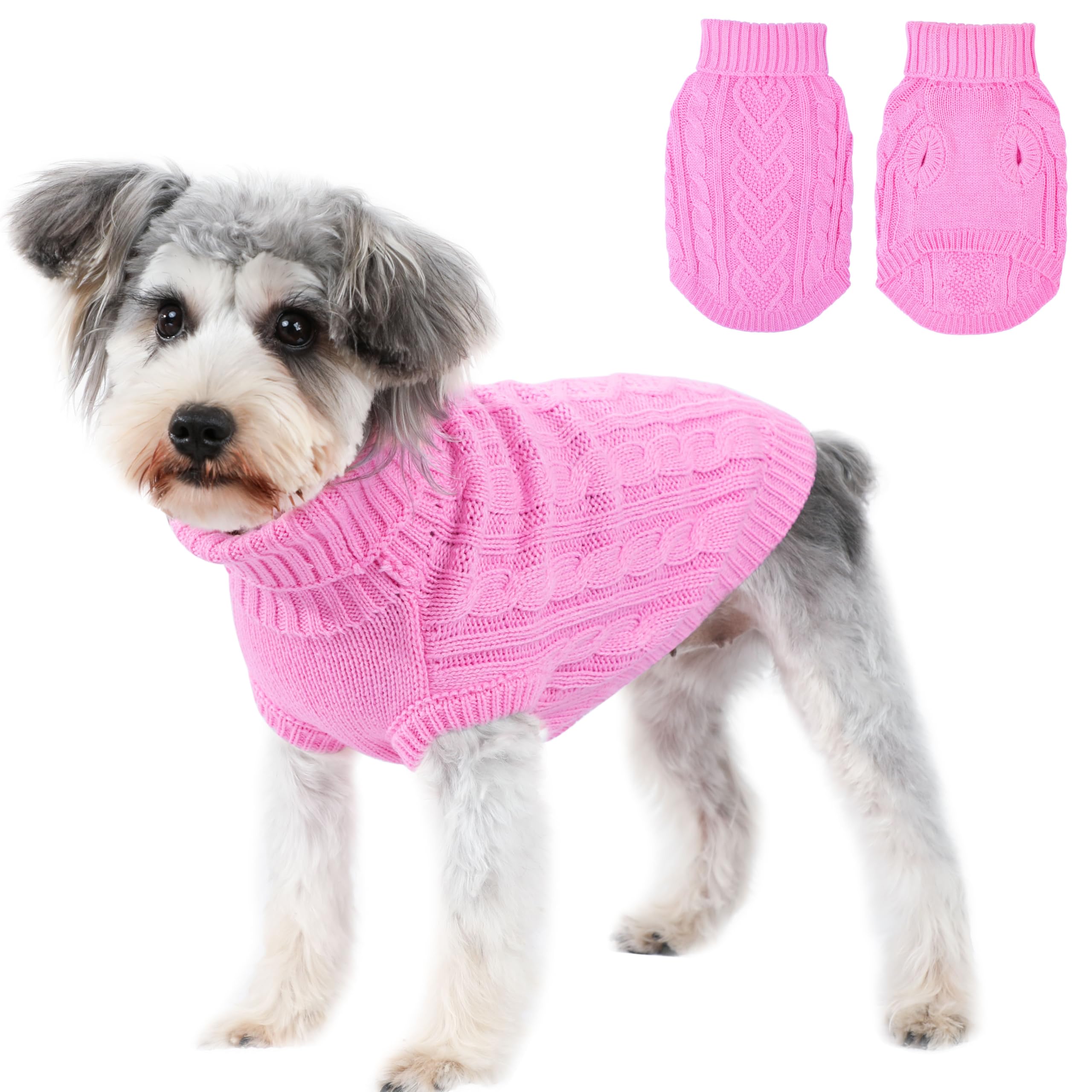 Puppishy dog sweater pink front view shows cozy warmth for small dogs during winter walks.