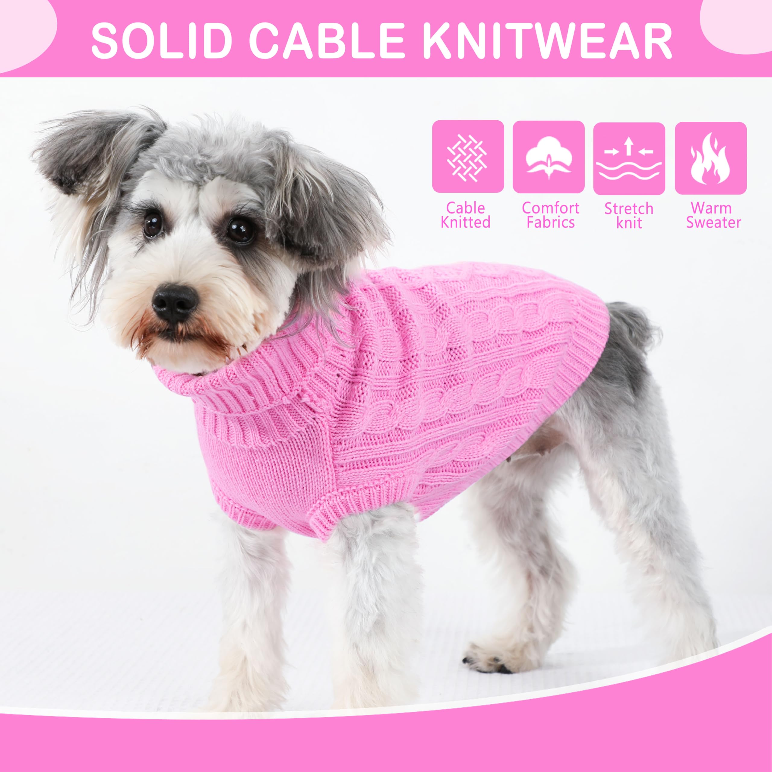 Puppishy dog sweater pink worn on dog demonstrates turtleneck warmth and snug fit.