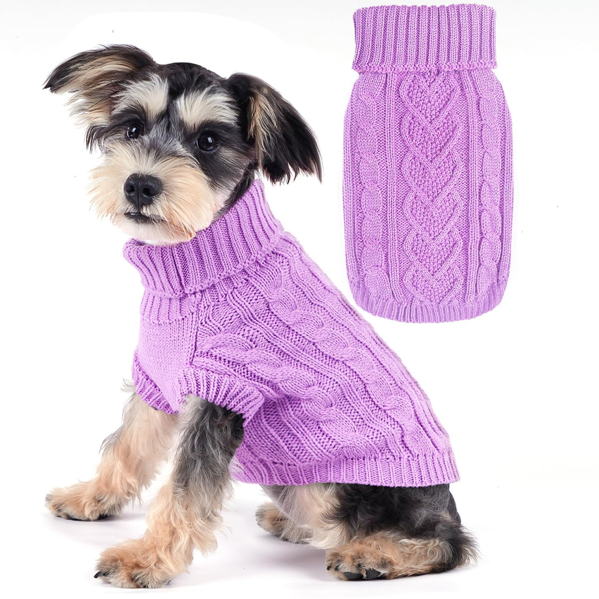 Puppishy Knitted Dog Sweater purple back view shows warm, snug fit for small dogs.
