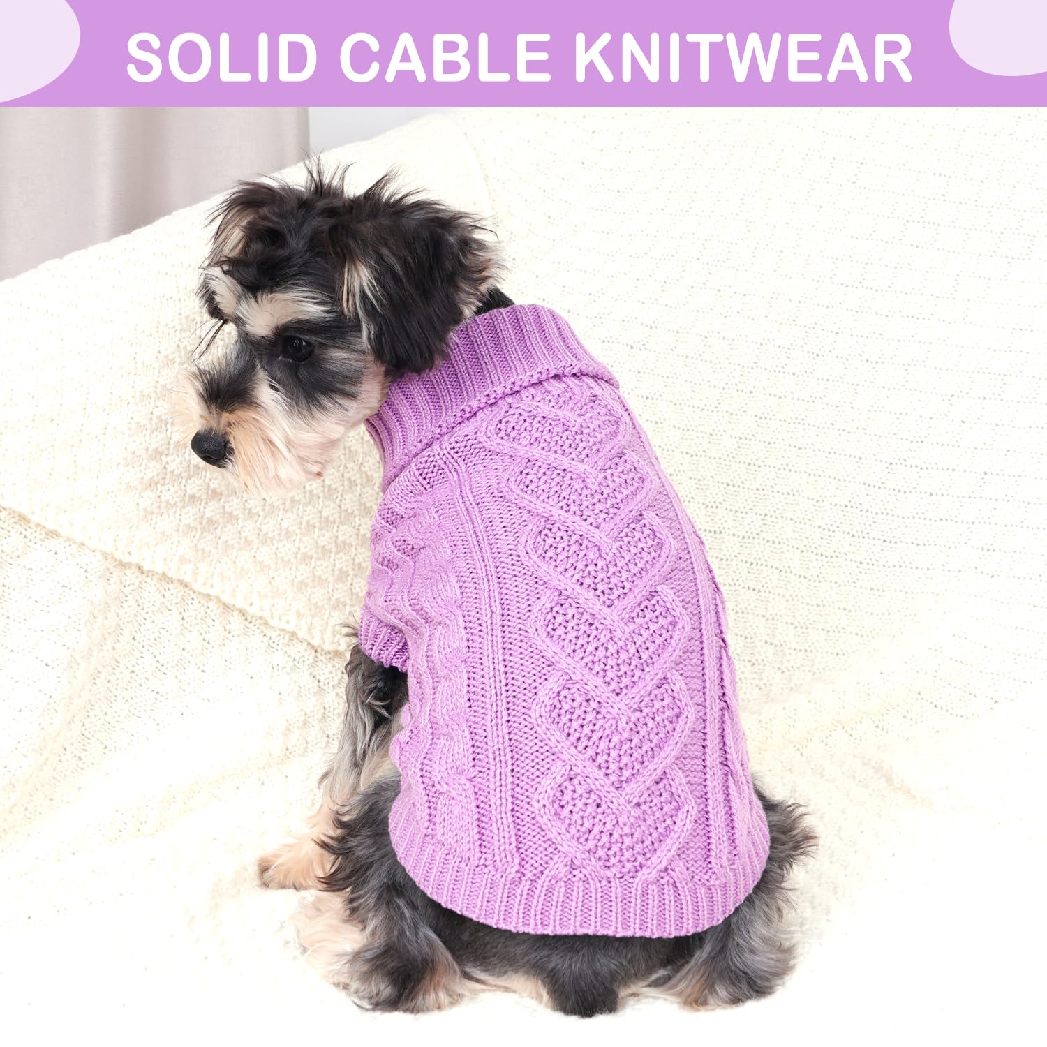 Puppishy Knitted Dog Sweater purple neck close-up highlights cozy turtleneck warmth.