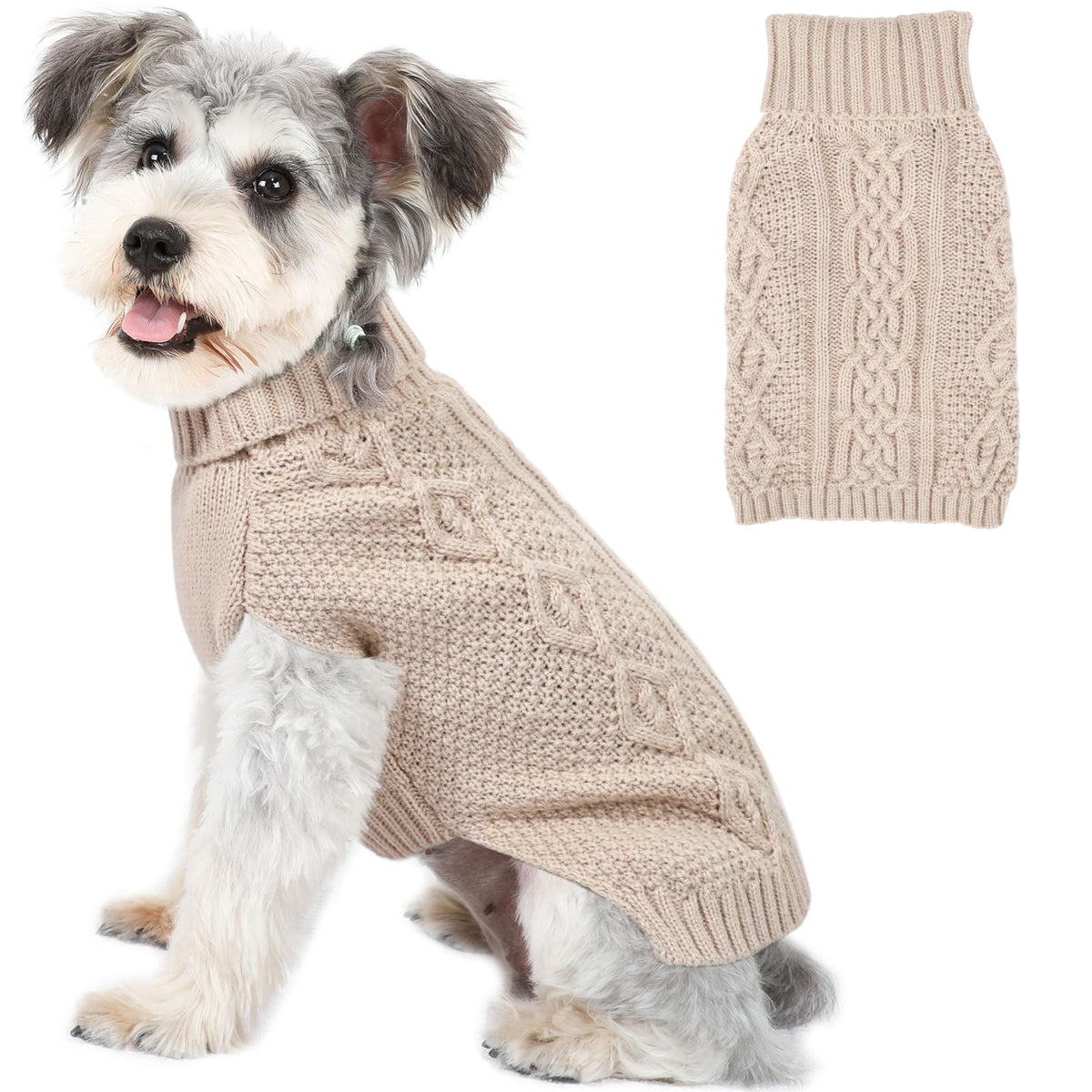 Puppishy small dog sweater beige front view shows cozy warmth and snug fit.