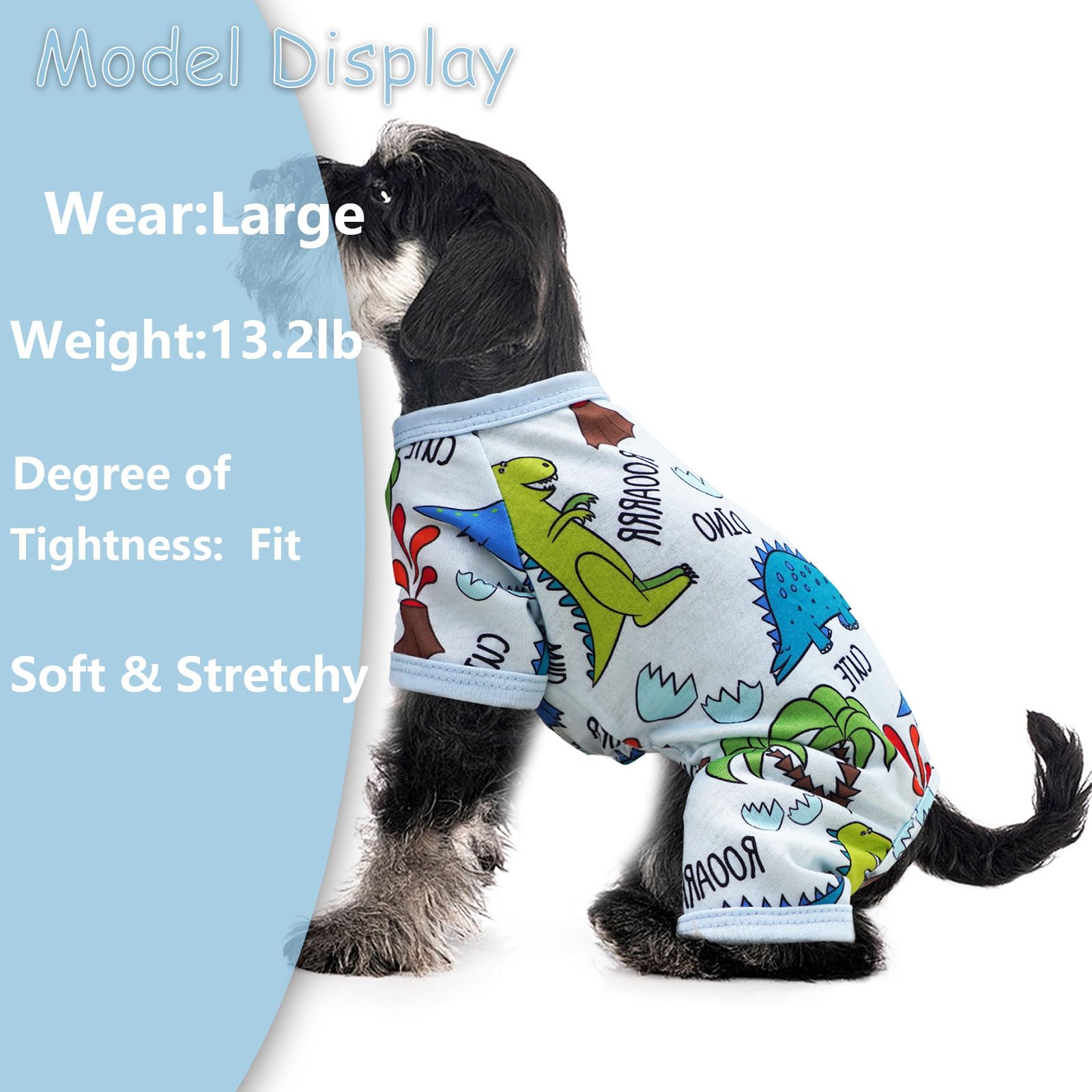 Puppishy X-Large Dog PJs on a dog demonstrates easy pullover fit for small breeds.
