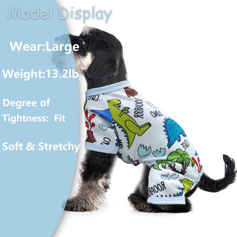 Puppishy X-Large Dog PJs on a dog demonstrates easy pullover fit for small breeds.