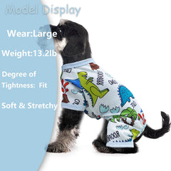 Puppishy X-Large Dog PJs on a dog demonstrates easy pullover fit for small breeds.