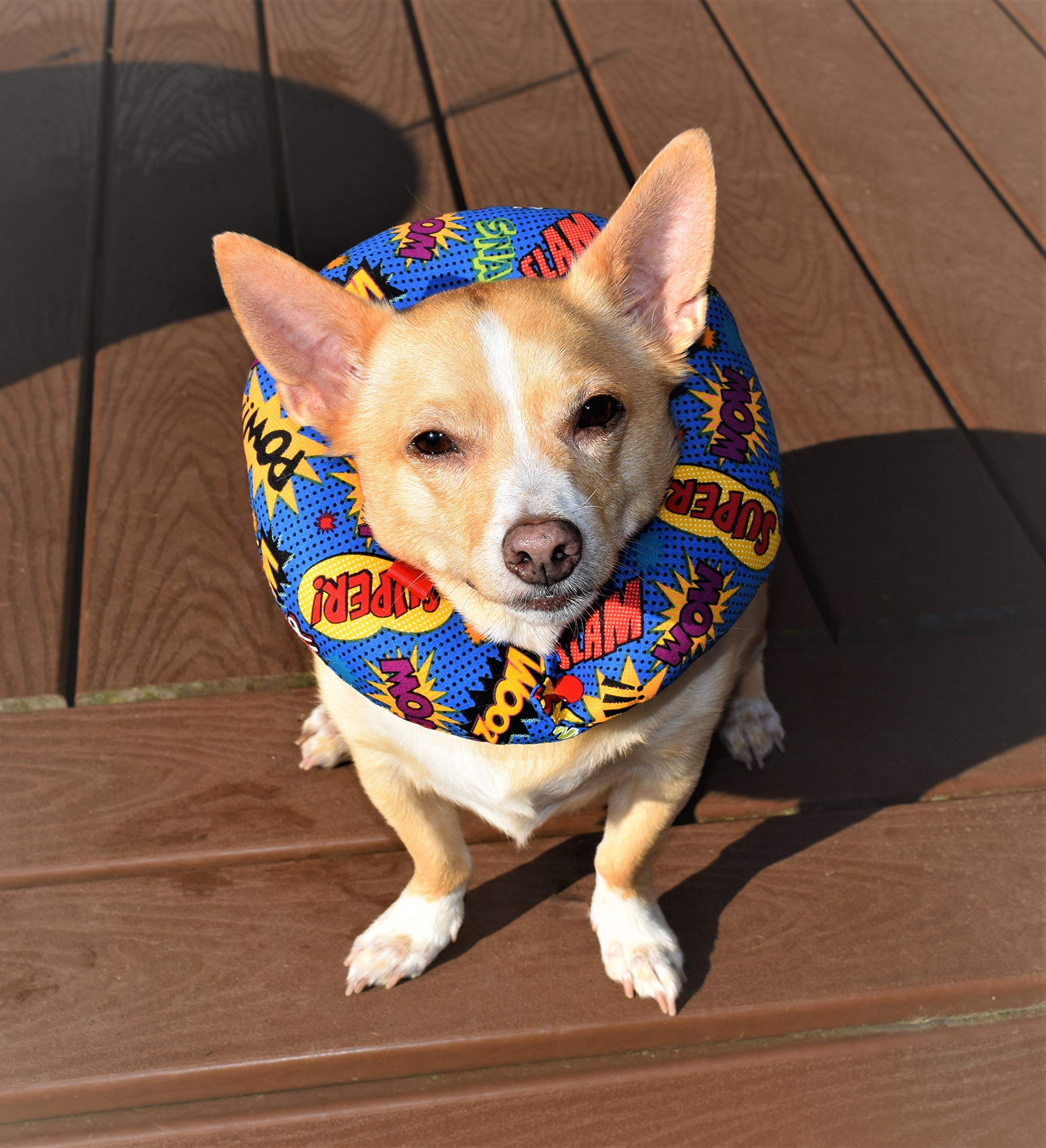 Puppy Bumpers Comic Words soft cotton fabric close-up for comfortable safety collar.