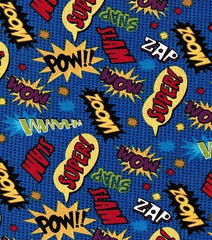Puppy Bumpers Comic Words US-made stitching close-up highlights durable cotton fabric.