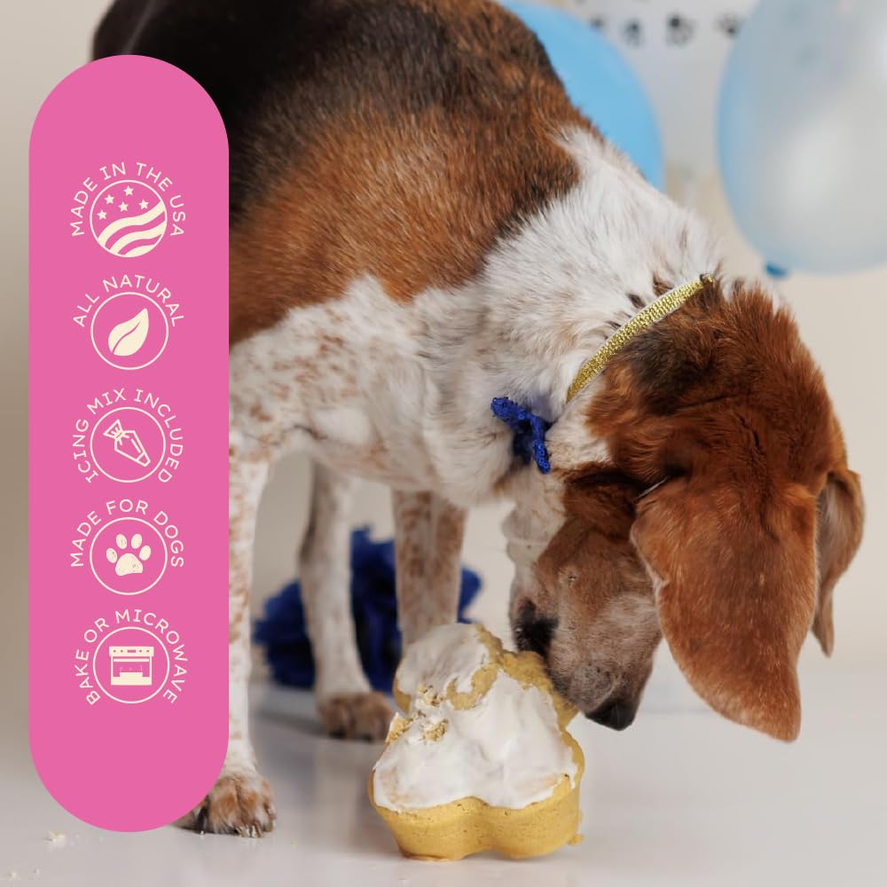 Puppy Cake birthday cake mix package shows complete kit for simple at-home dog treats