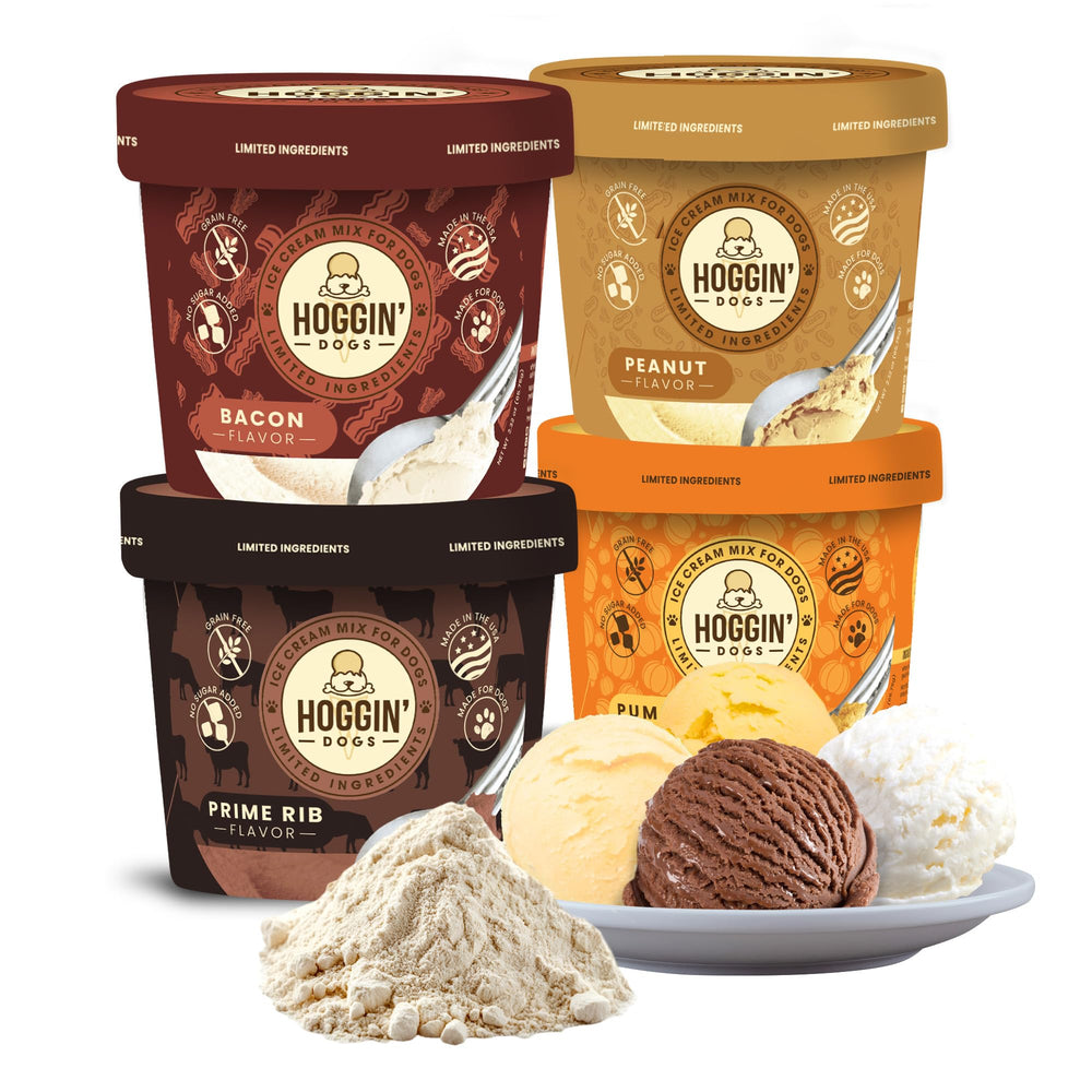 Puppy Cake Hoggin Dogs four-flavor pack front view for easy dog ice cream