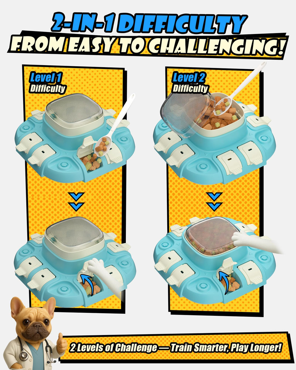 Puppyspout close-up on the top button releasing treats for Level 2.