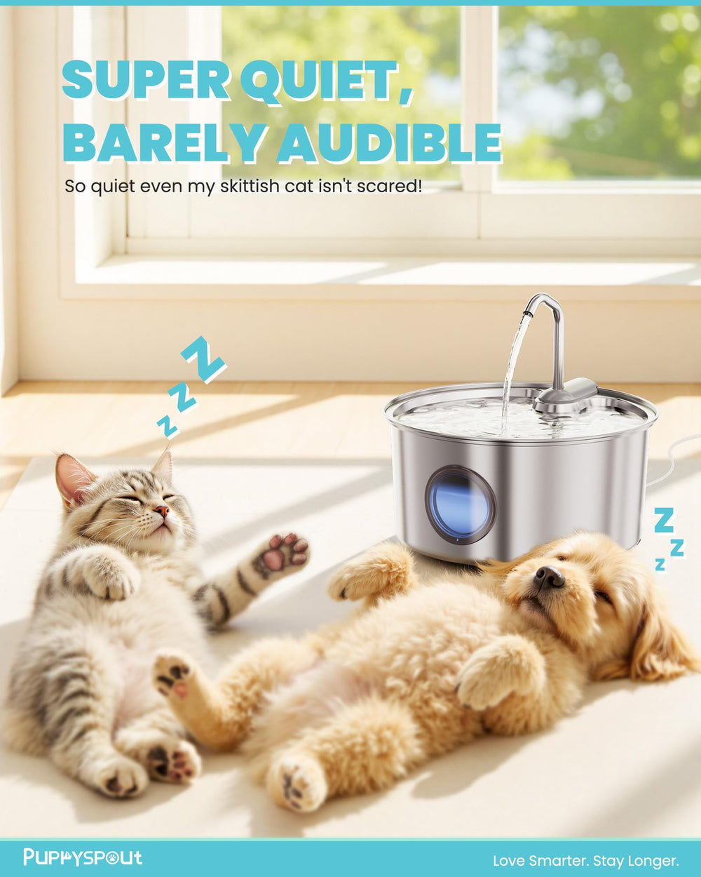 Puppyspout cat water fountain dual-filtration system keeps refreshing, clean-tasting water.