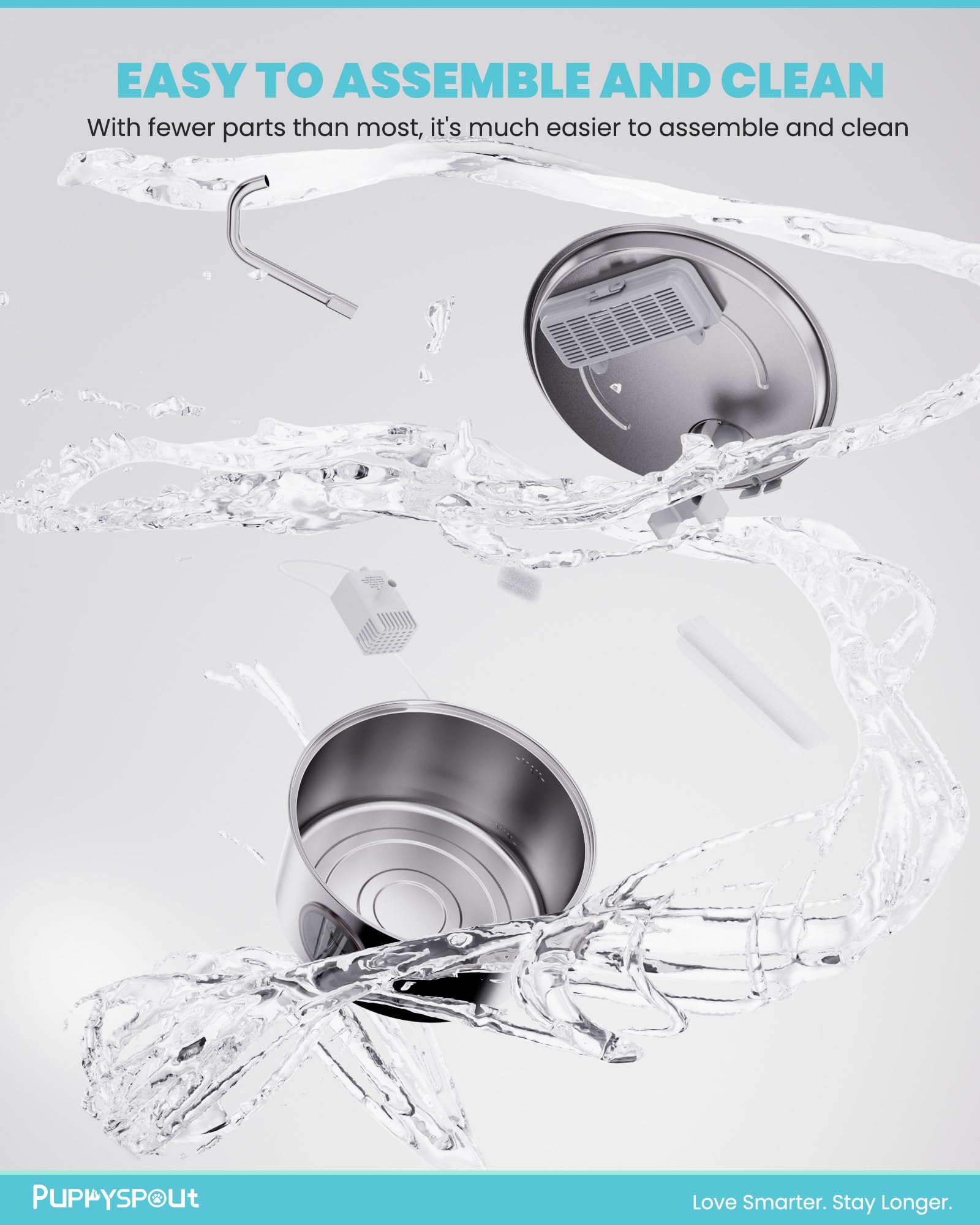 Puppyspout easy-clean disassembly makes regular maintenance simple.
