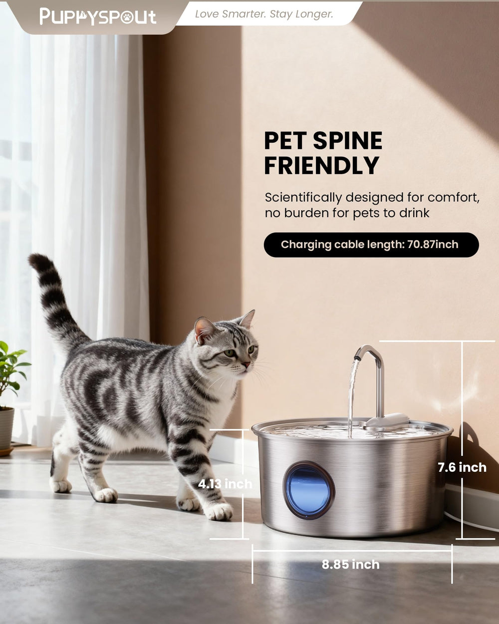 Puppyspout cat water fountain see-through window helps monitoring water level
