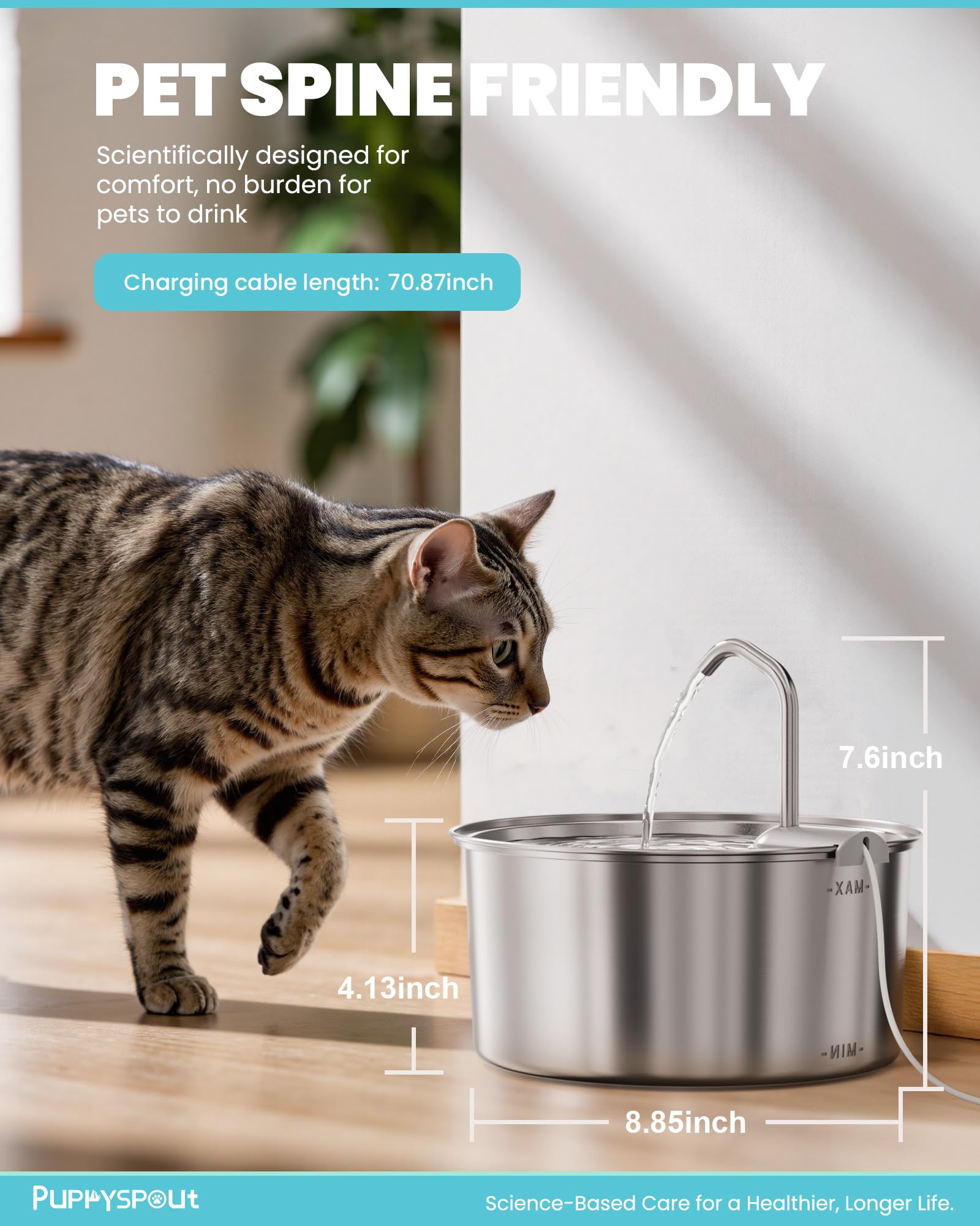 Puppyspout food-grade SUS304 stainless steel construction delivers durable, rust-resistant drinking water.