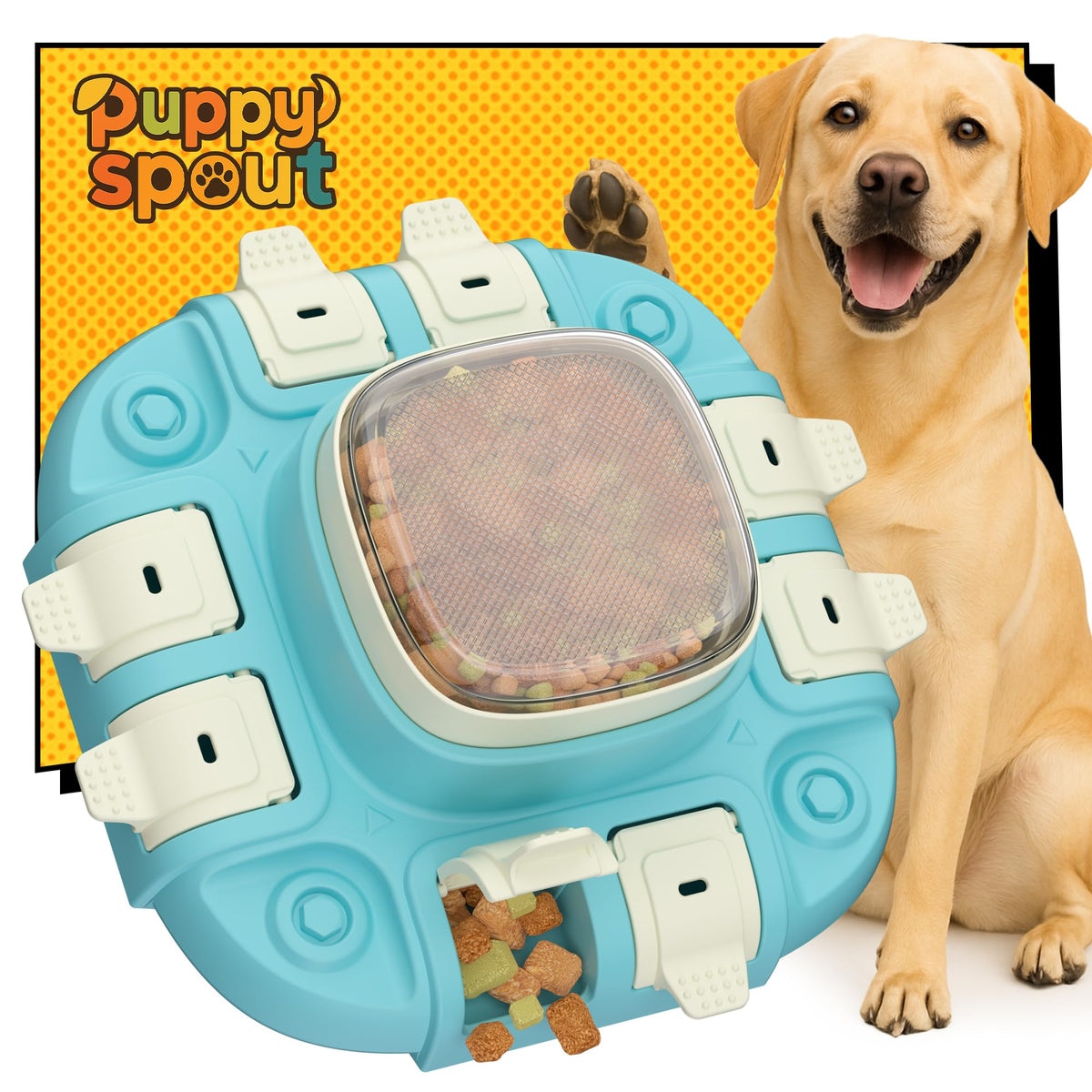 Puppyspout dog puzzle toy with two levels in action for mental enrichment.