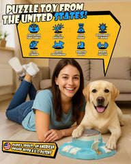 Puppyspout dog enjoying treats from the puzzle during play.