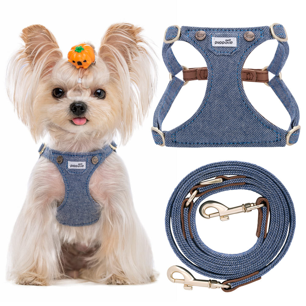 Puppytie denim light blue no-pull xs harness front view for comfortable walks.