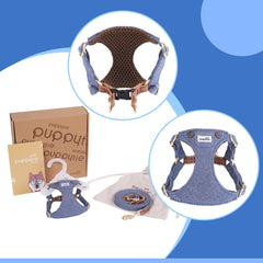 Puppytie denim light blue no-pull xs harness hardware buckle close-up highlights durability.
