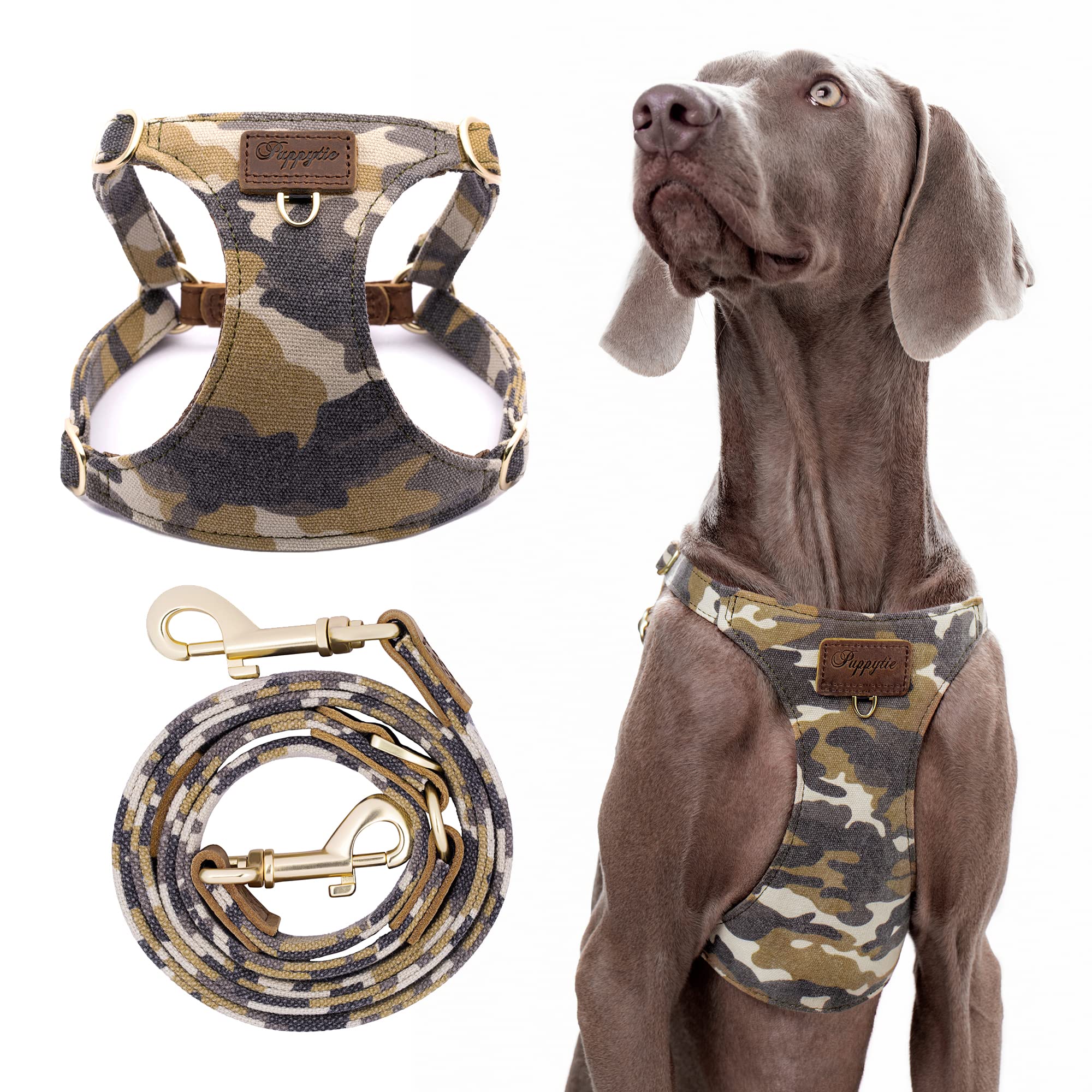 Puppytie dog harness camouflage brown close-up showing comfortable chest fit for medium dogs