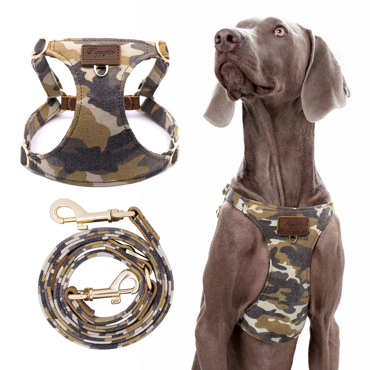Puppytie dog harness camouflage brown close-up showing comfortable chest fit for medium dogs