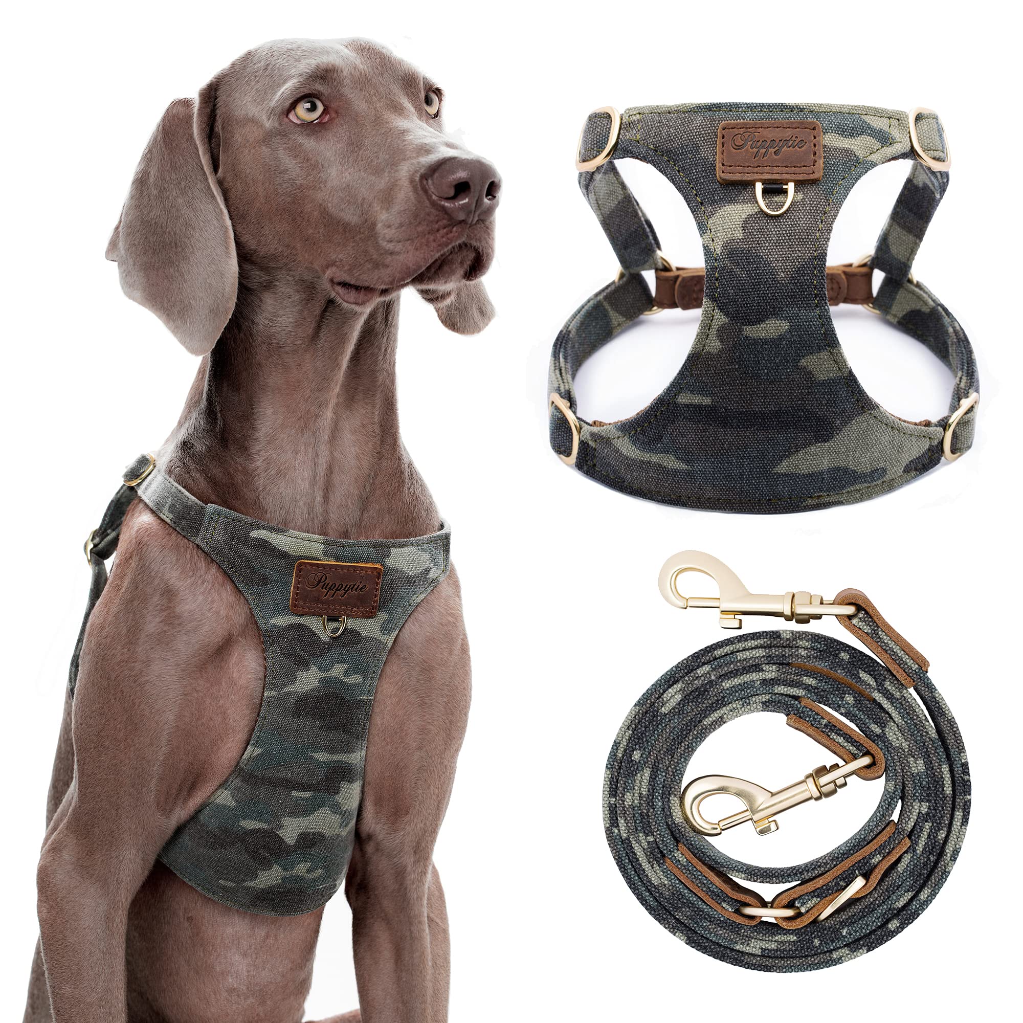 Puppytie dog harness camouflage green reduces pulling for comfortable walks.