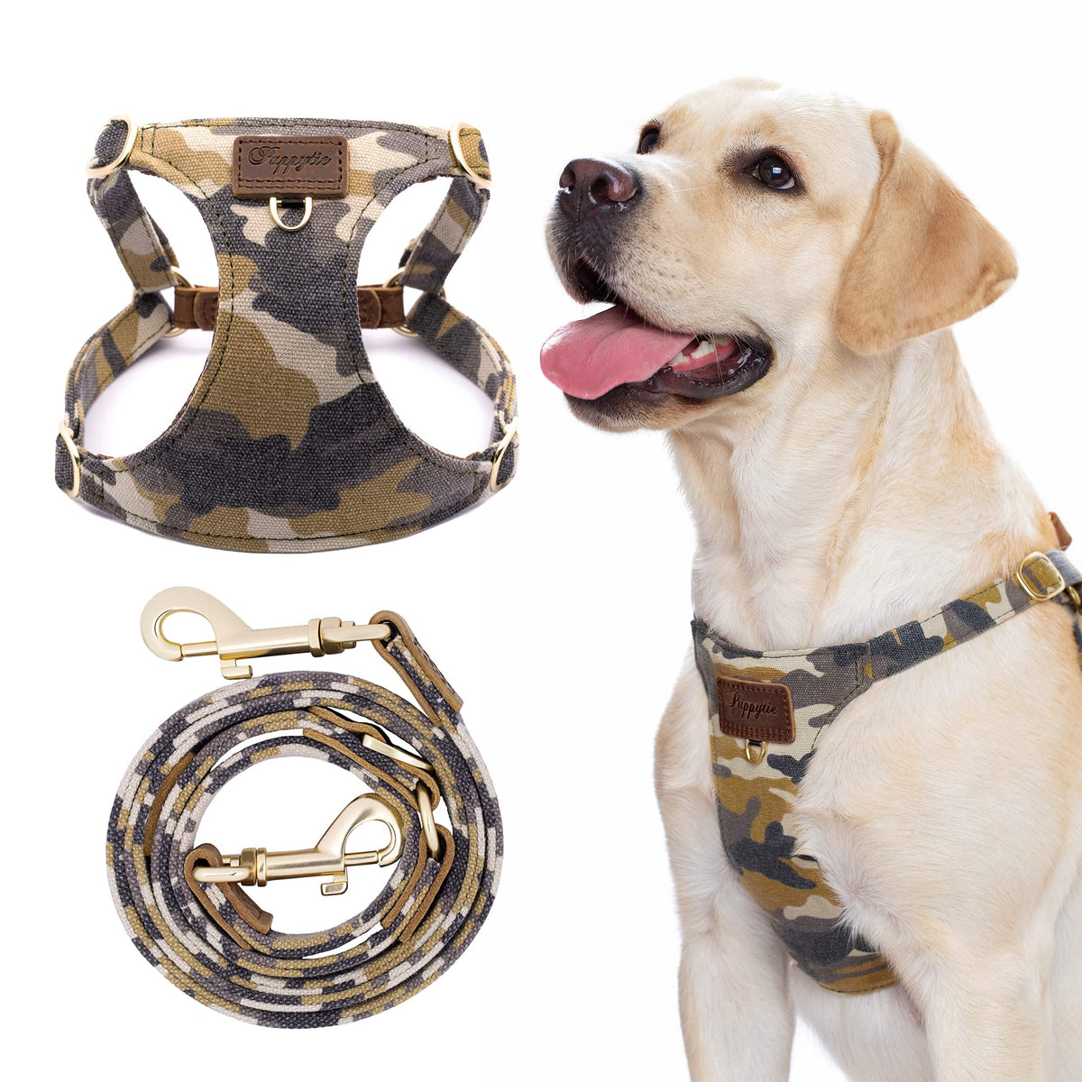 Puppytie no-pull harness camouflage brown slim front view with soft padding.