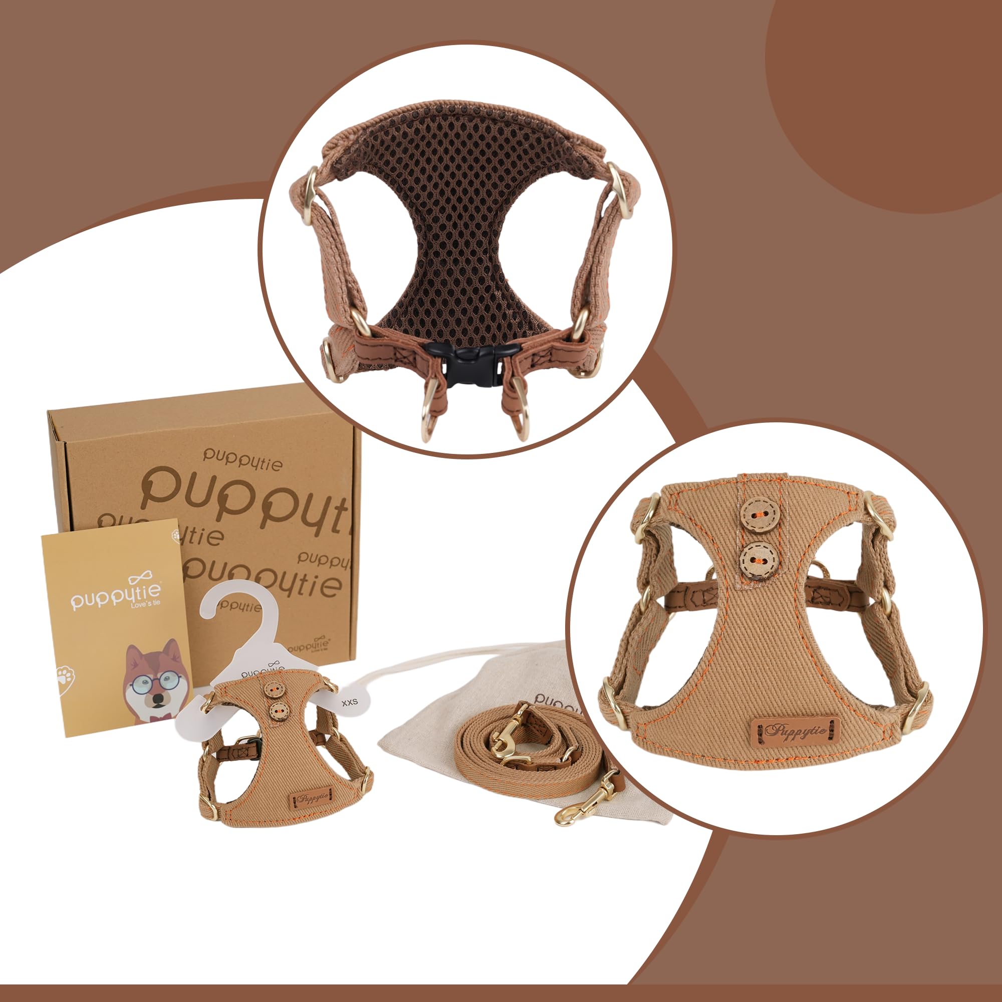 Puppytie escape-proof harness side profile highlights secure chest fit during mobility.