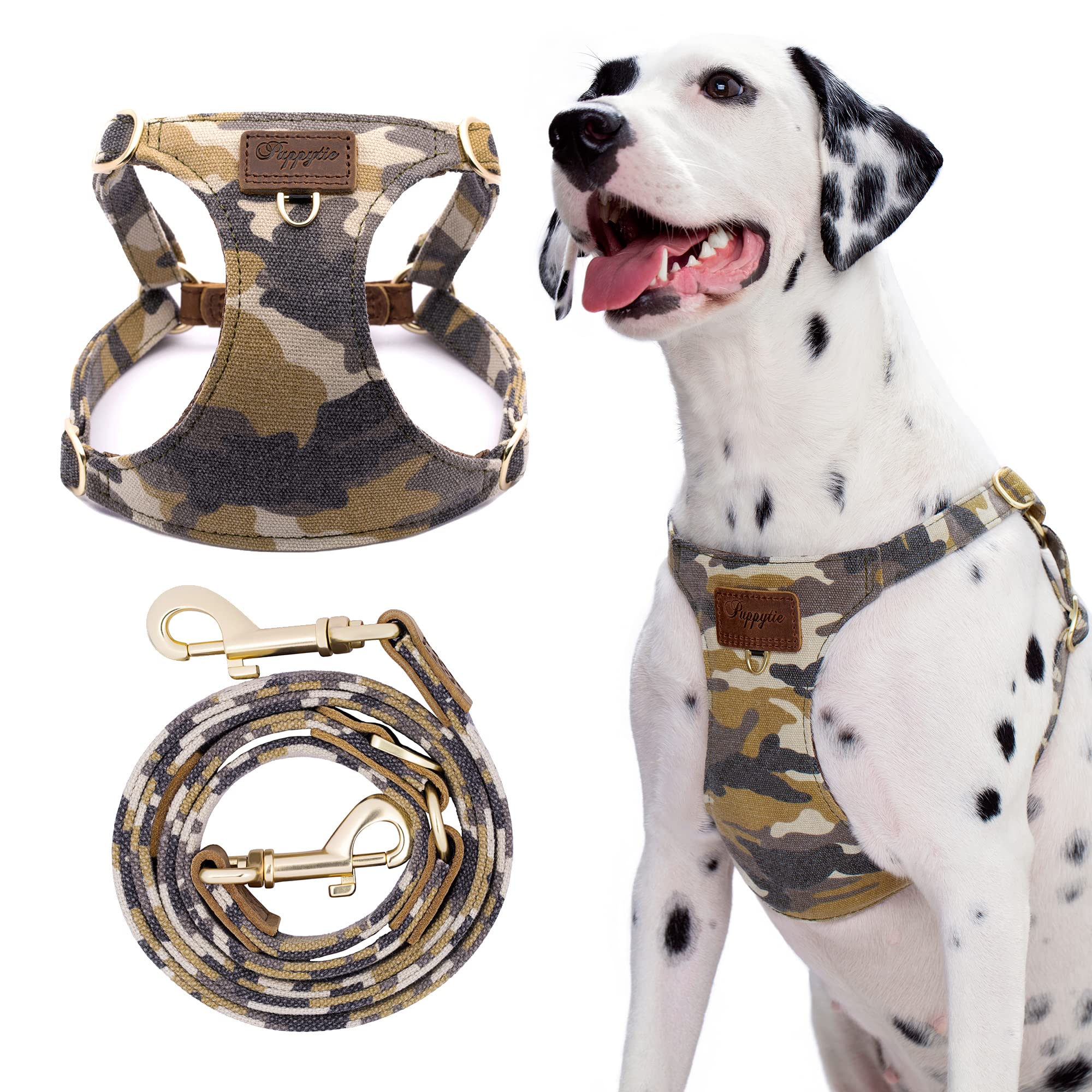 Puppytie camouflage brown harness fits medium dogs for comfortable no-pull control.
