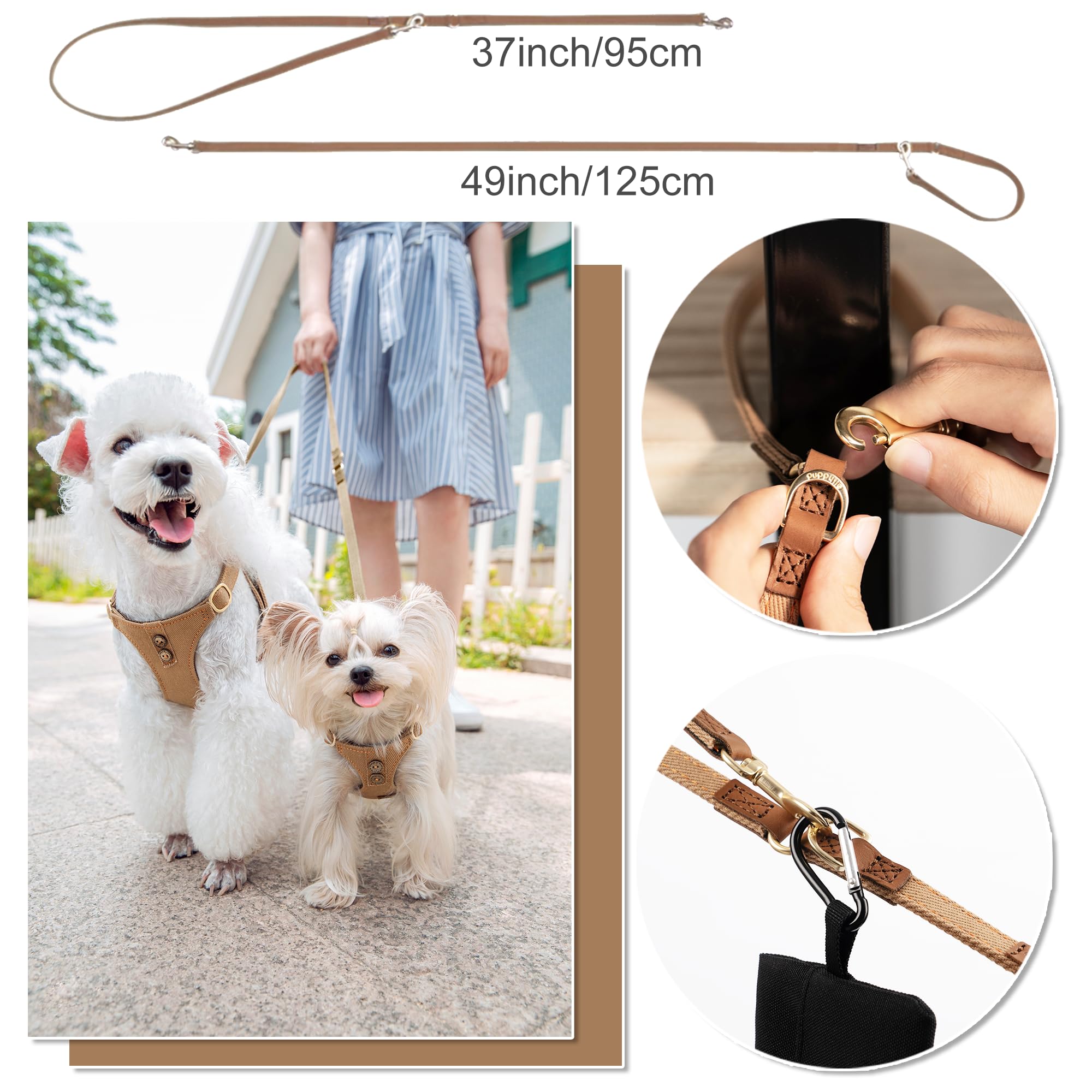 Puppytie multifunction leash attachment supports two-dog outings and hands-free carry.