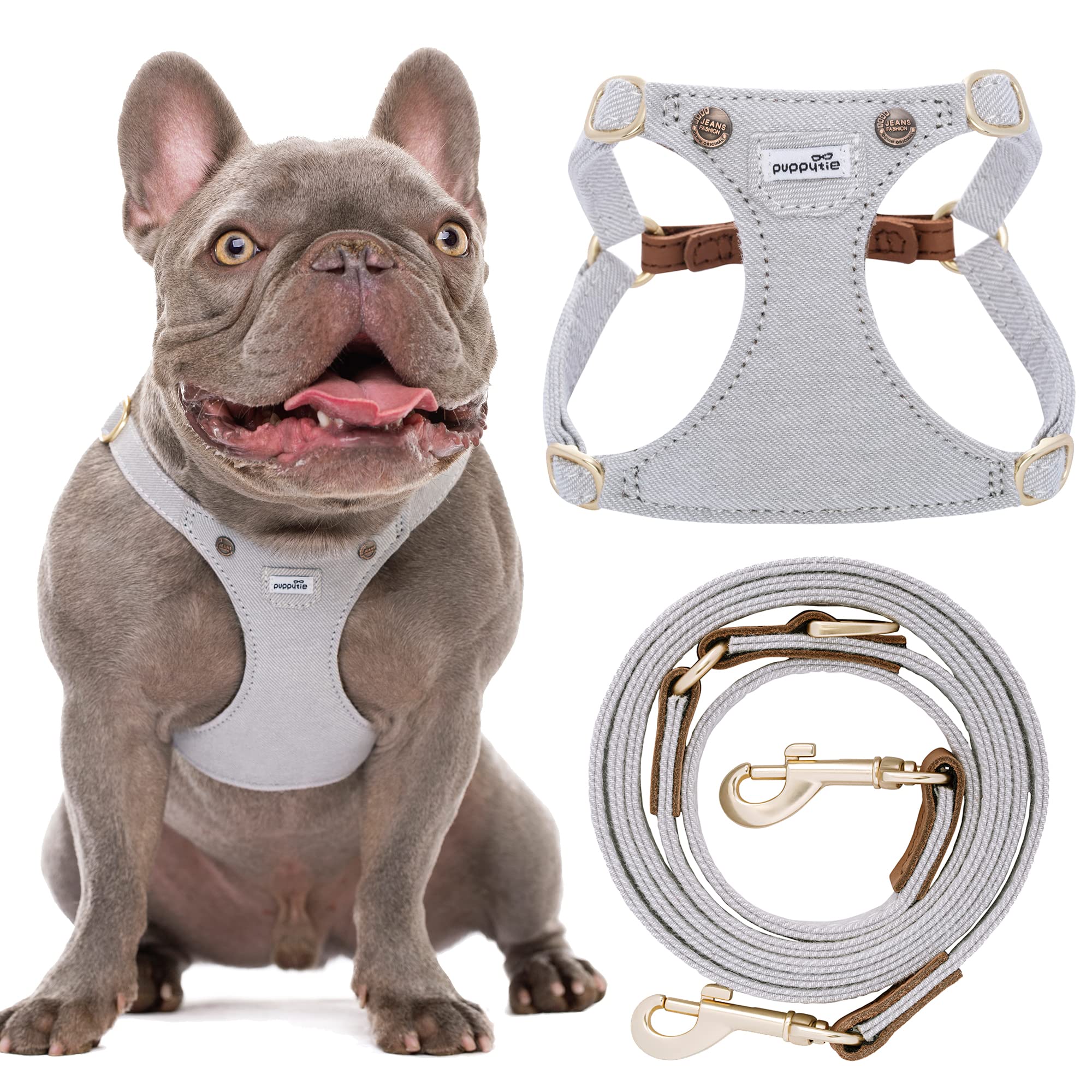 Puppytie No Pull Harness denim gray front view for escape-proof daily walks