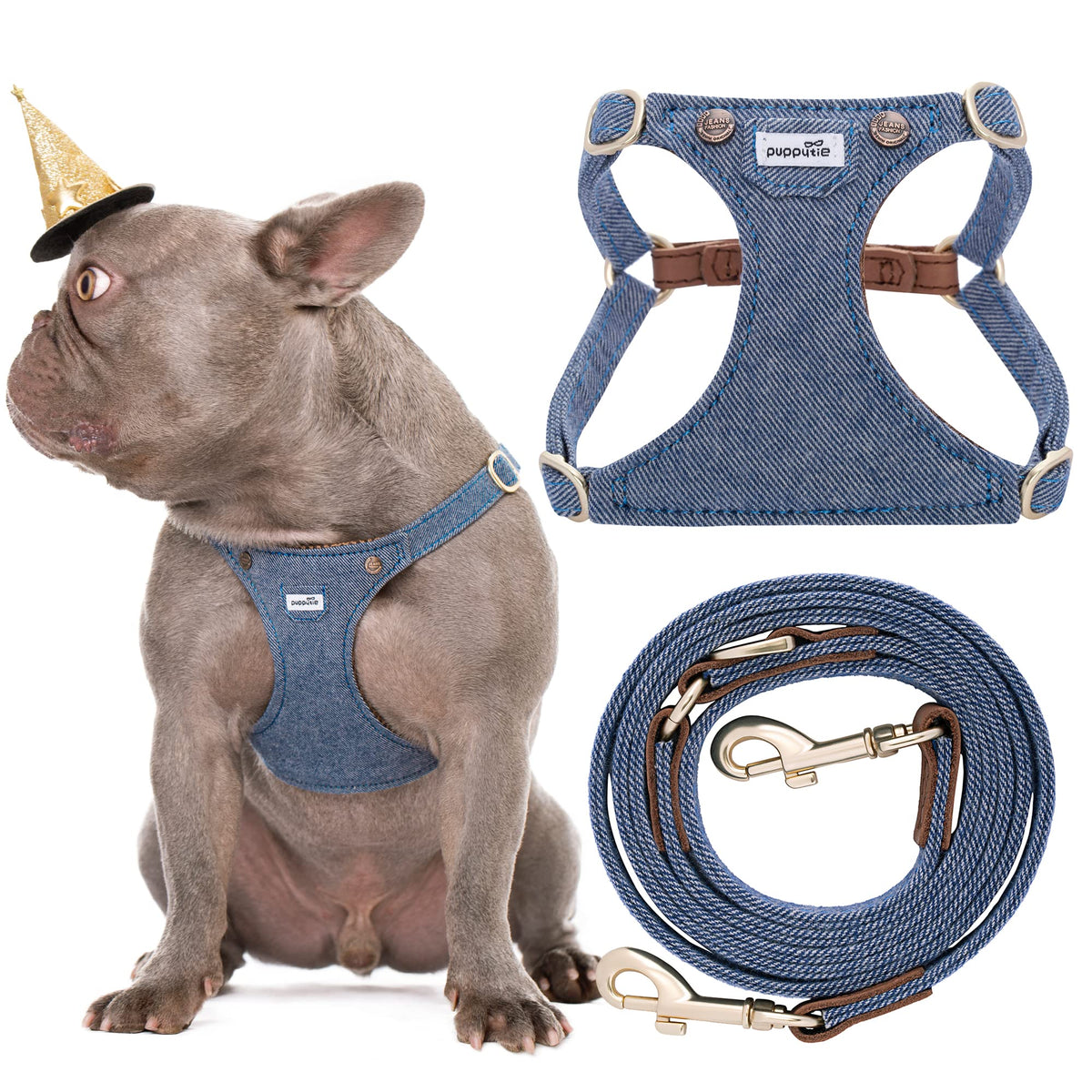 Puppytie No Pull harness front view showing escape-proof denim design