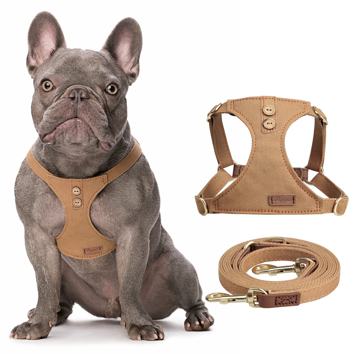 Puppytie No Pull Harness khaki front view with soft padding to prevent neck chafing on walks.