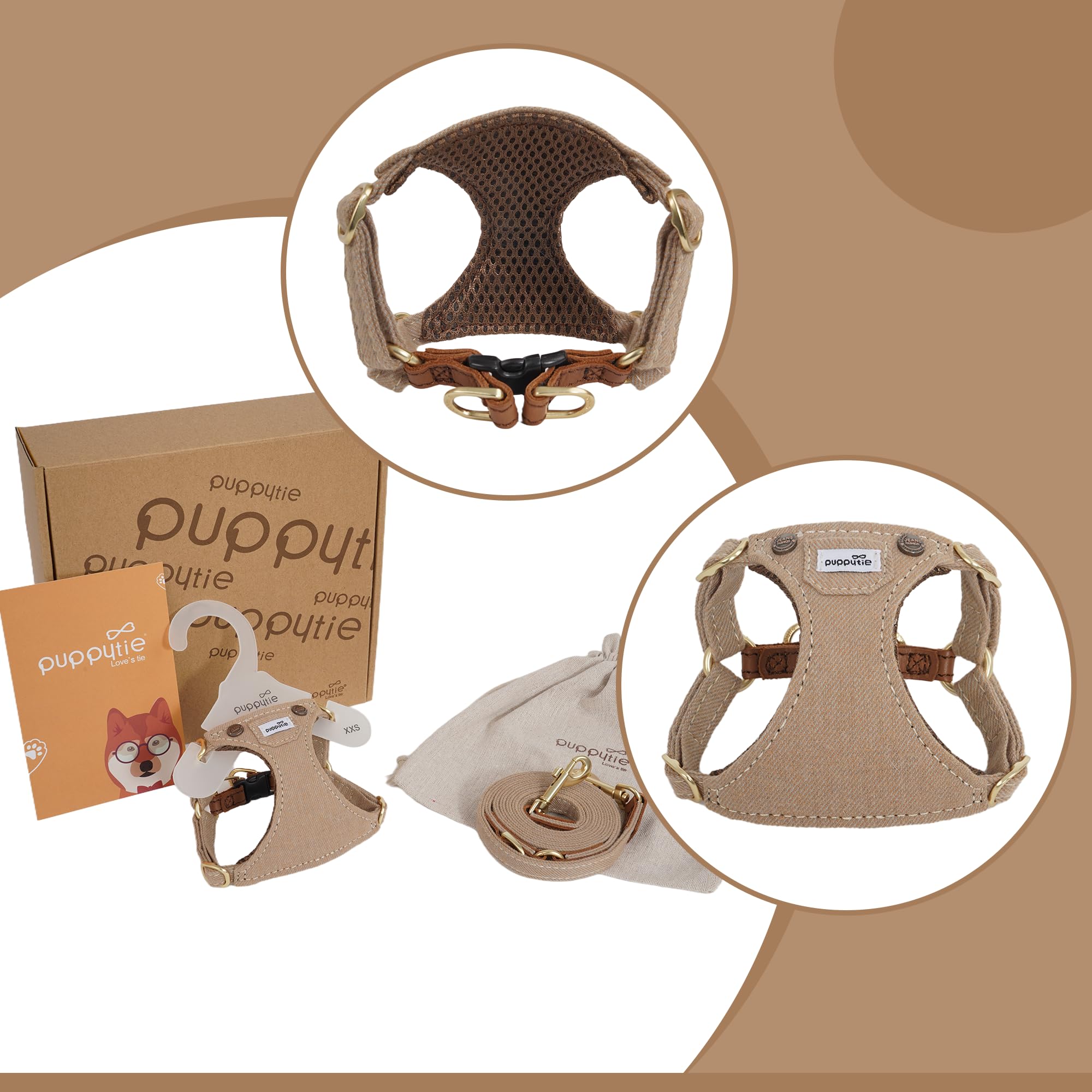 Puppytie No Pull XS harness, denim mocha brown adjustment buckle close-up for gentle precise fit
