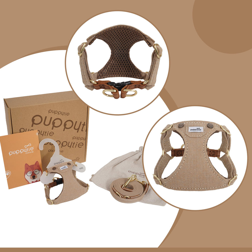Puppytie No Pull XS harness, denim mocha brown adjustment buckle close-up for gentle precise fit