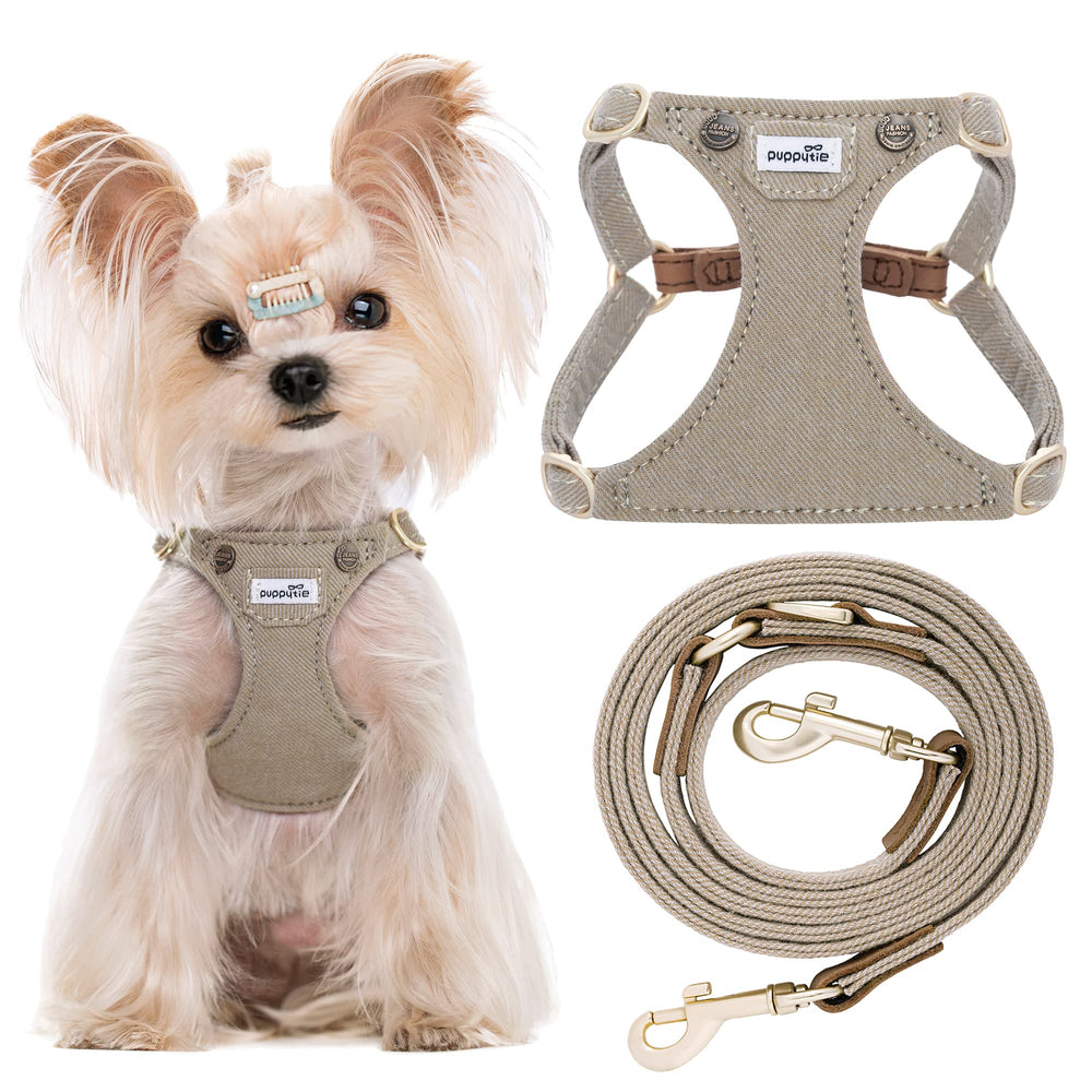 Puppytie No Pull XS harness, denim mocha brown, front view ideal for comfortable small-dog walks