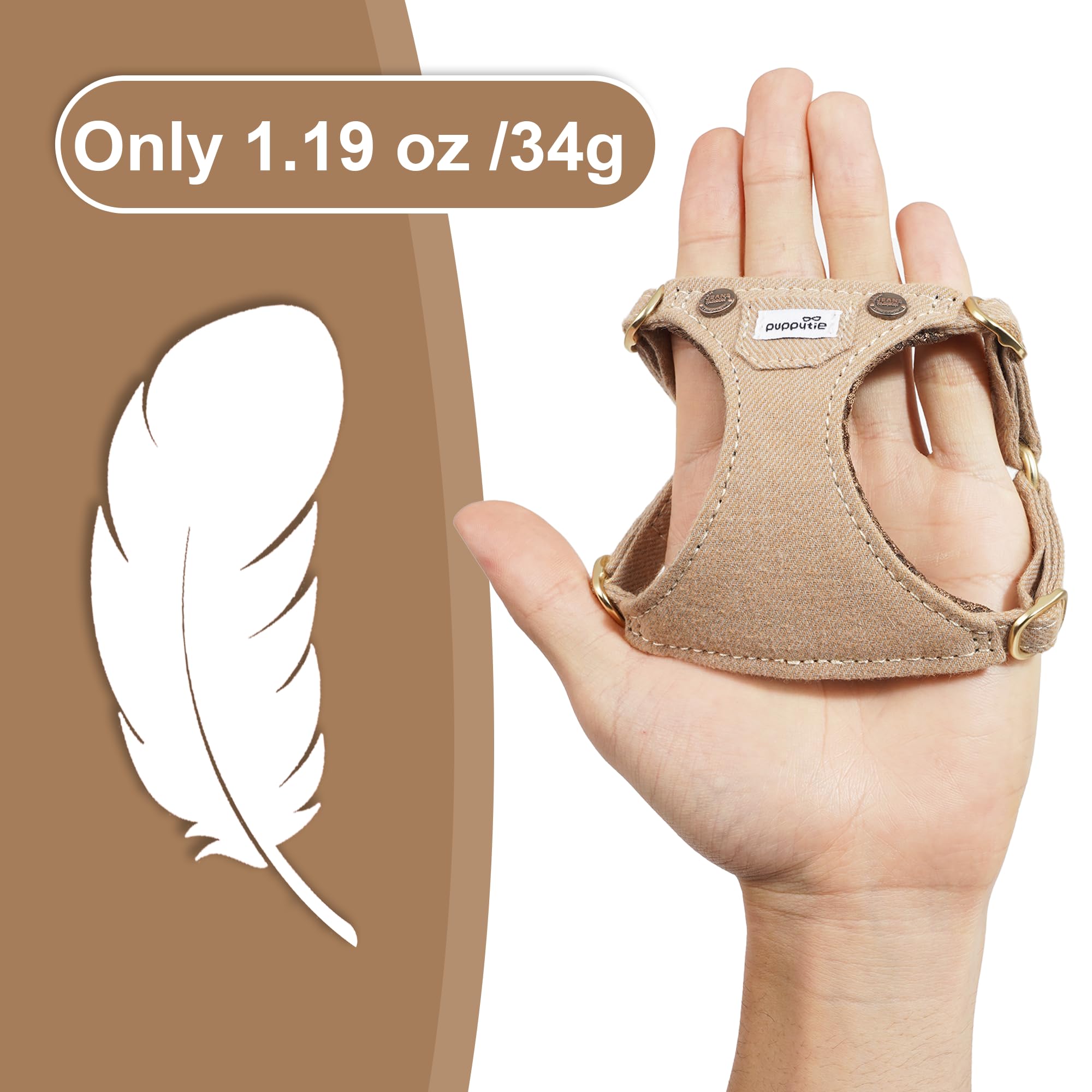 Puppytie No Pull XS harness, denim mocha brown side-fit for escape-proof secure adventures