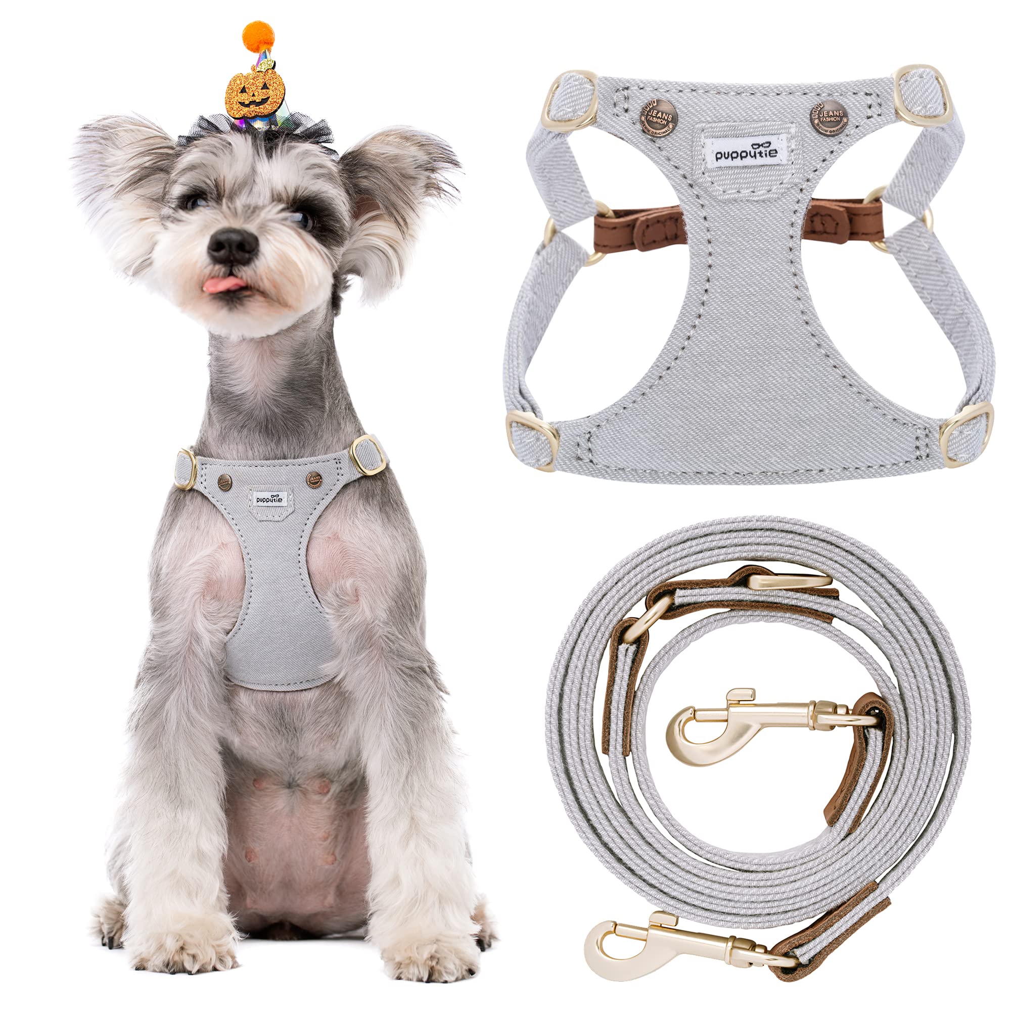 Puppytie small dog harness denim gray with no-pull design for calm walks